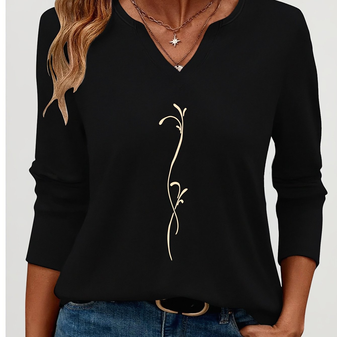 TEMU Minimalist Line Vine Pattern Print V-neck 3/4 Sleeve T-shirt, Versatile Top, Compatible With Leisure And Commuting, New Loose And 3/4 Sleeve