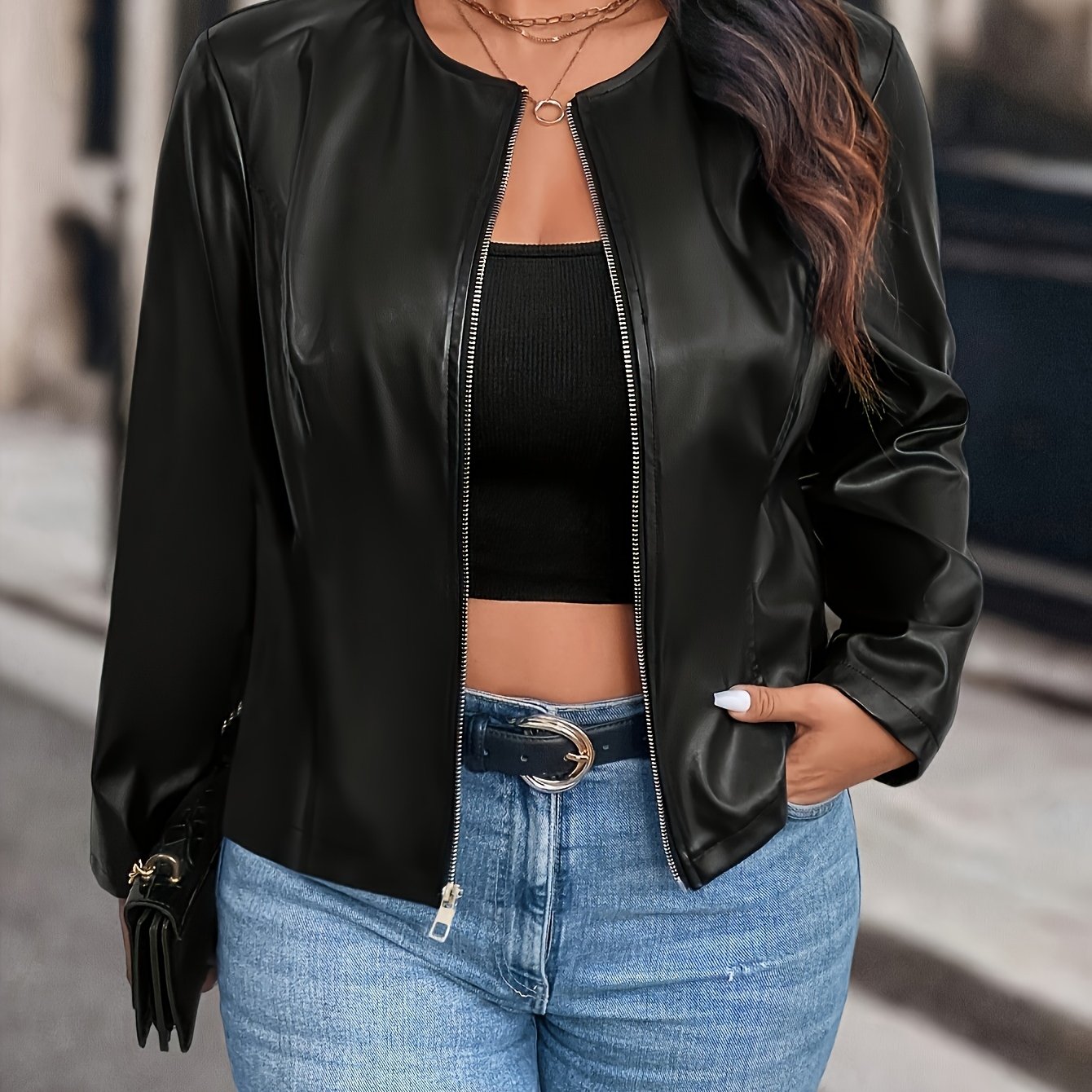 E-shop Plus Size, Damen Kurze PU-Jacke mit Reißverschluss, Herbst Winter Langarm Bikerjacke mit Einfachem Rundhalsausschnitt, Vielseitig für Pendeln