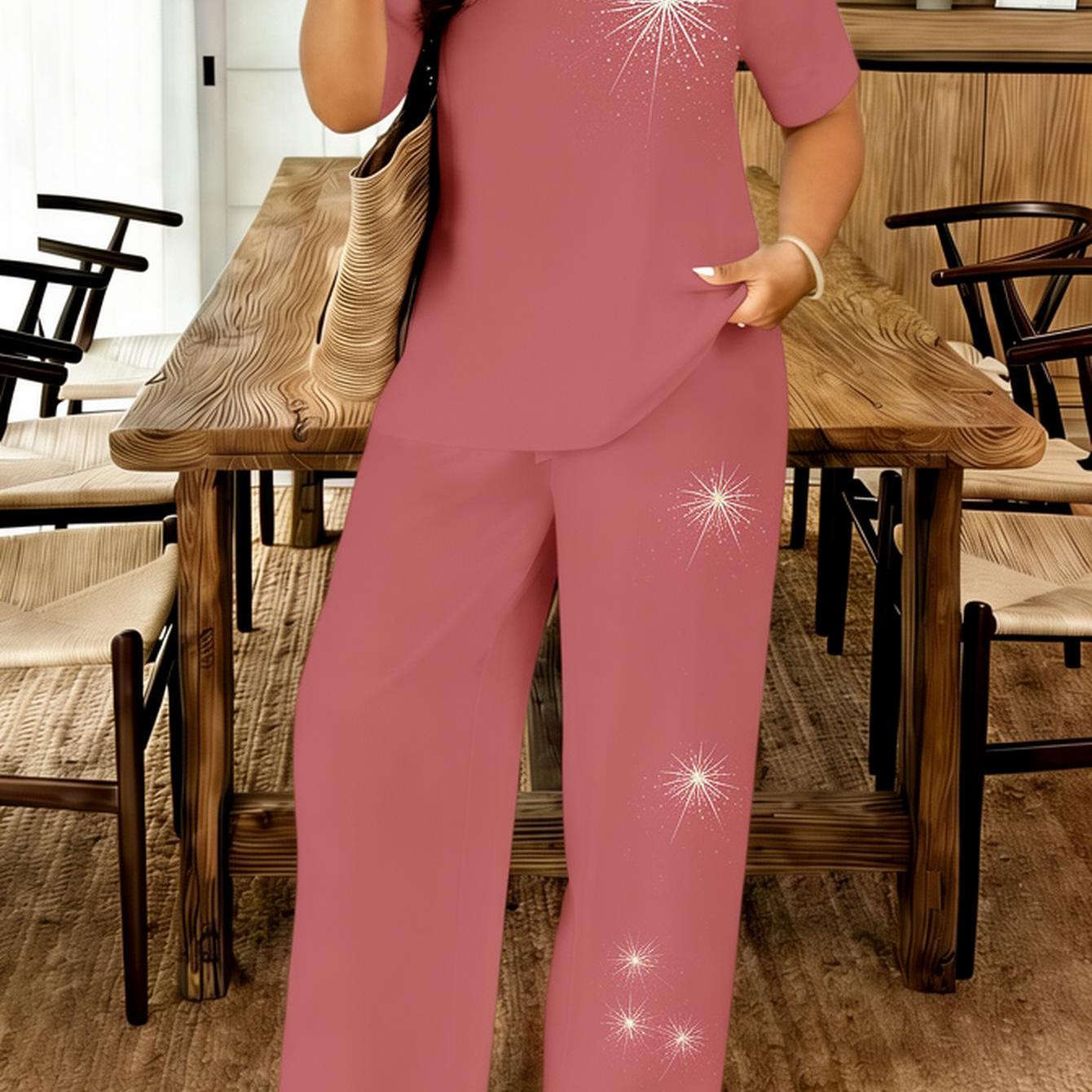 Plus Size, Plus Size Women's 2pcs Set Floral Sparkle Pink Short Sleeve Pants Set For Women Casual Outfit Suit For Spring/summer Outdoor Outfits, Gifts For Mother's Day