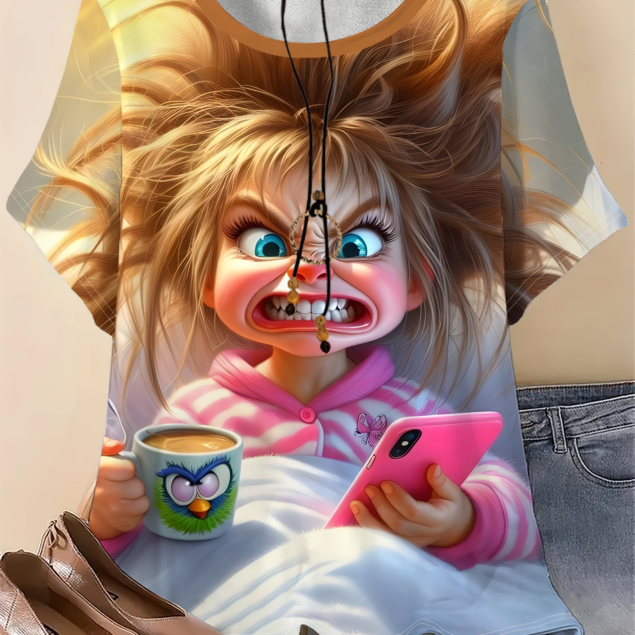 TEMU Plus Size, Plus Size Women's Cartoon Style With Angry , Holding Phone And Coffee Cup On Warm Sunny Background - Casual Comfortable Machine-wash