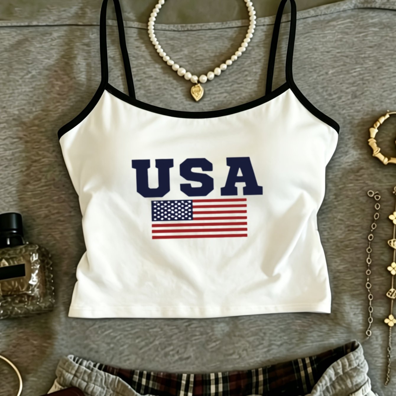 TEMU Western Ins Retro Individual Fun 1pc Women's Casual Color-block Cami Y2k Sense Easy Niche "usa" Letter Stripes Print Pattern Color-block Mini