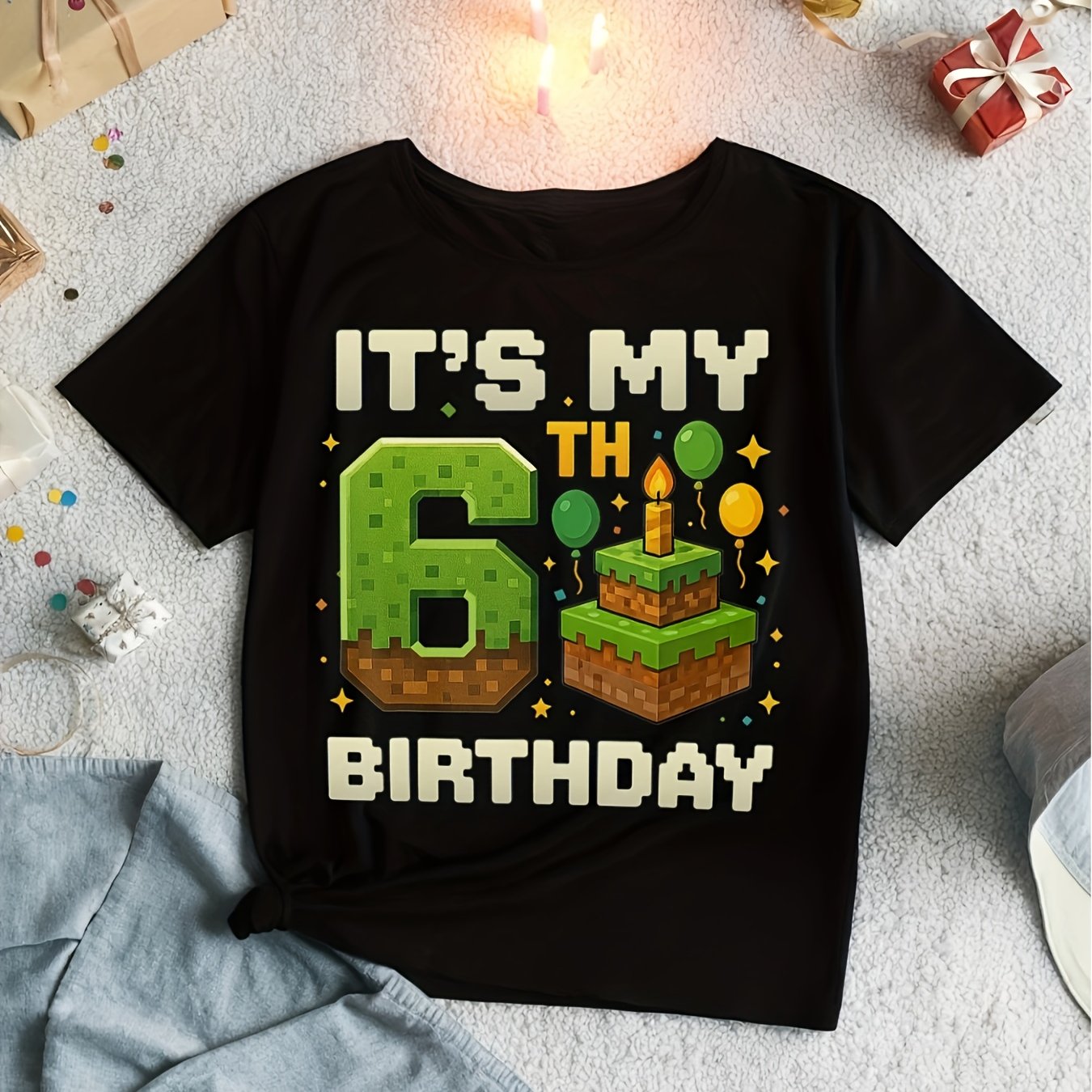 ' 6th Pixel Boy T-shirt - Black With Colorful Pixel Art, " My 6th Birthday" Print, Short Sleeve Round Neck, Soft Fabric, Ideal Gift For ' Holiday Parties, ' Birthday Party Attire