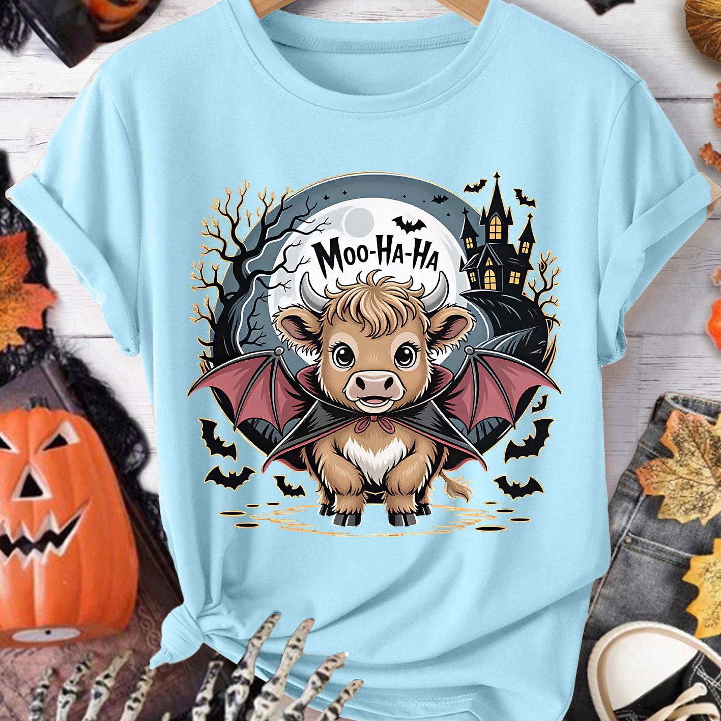 TEMU [halloween ] Women's Party Gift Moo- Text Vampire Highland Cow Castle Dead Tree Bat Full Print Round Neck Short Sleeve T-shirt Dark Versatile