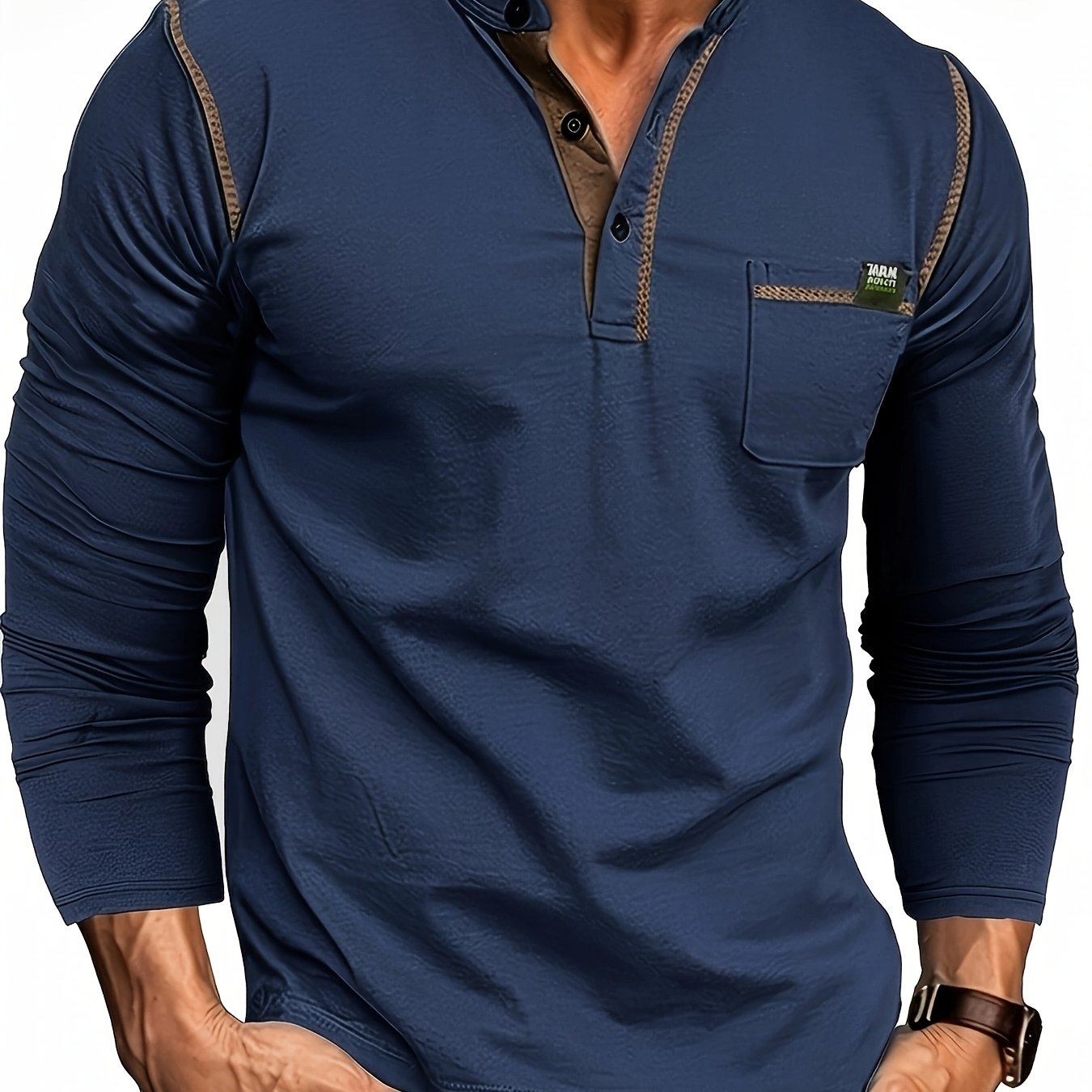Men's Plus Size Pocket Color-block Long Sleeve T-shirt | Crew Neck, Stretch Fabric, Solid Color, Regular Fit For Spring/fall
