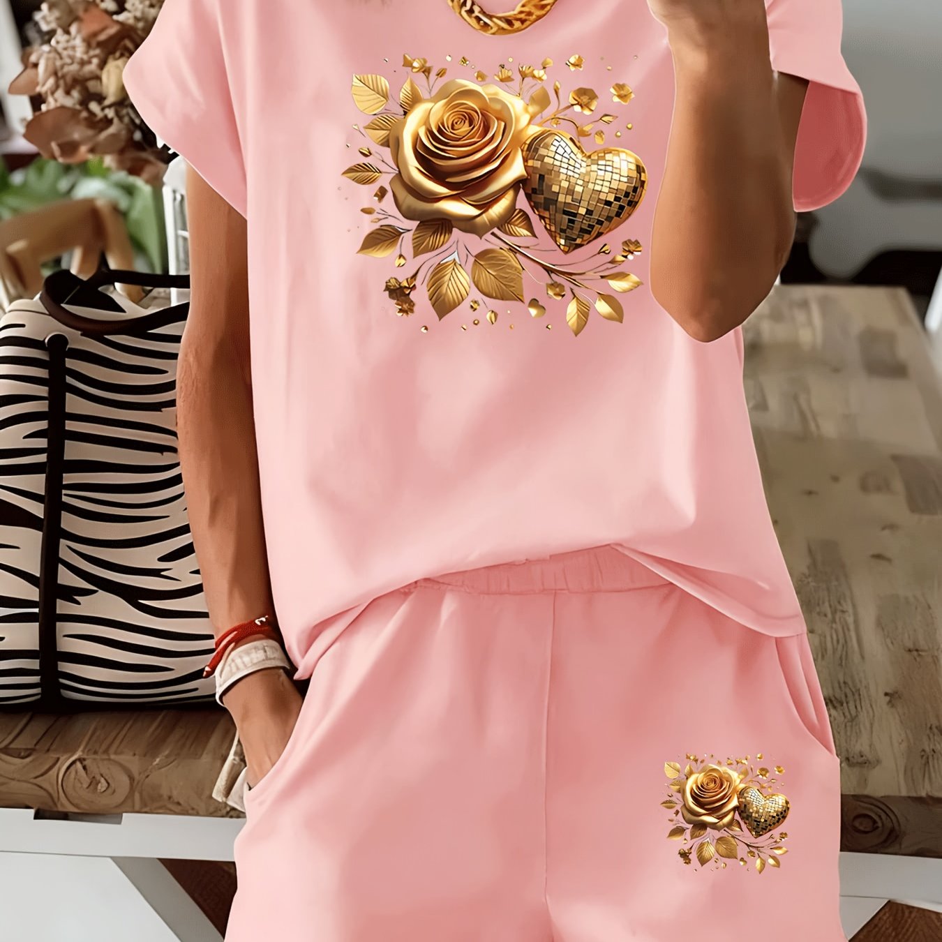 TEMU Golden Rose Sequined Heart Featuring A Loose Short-sleeve T-shirt And Shorts, In Multiple Colors. This Light Luxury Romantic Casual Two-piece