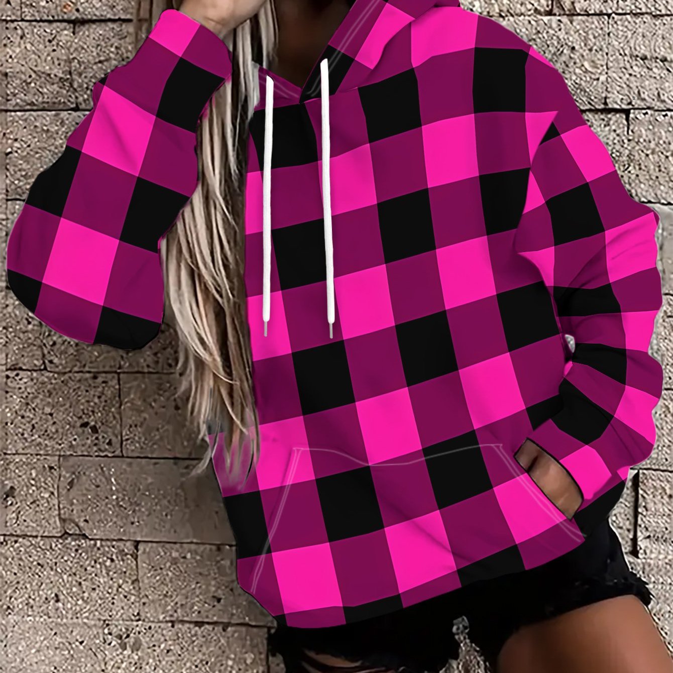 TEMU Women's Hooded Sweatshirt Features A Trendy And Simple Black, Pink, And Purple Design With A Hood, Drawstring, And Pocket