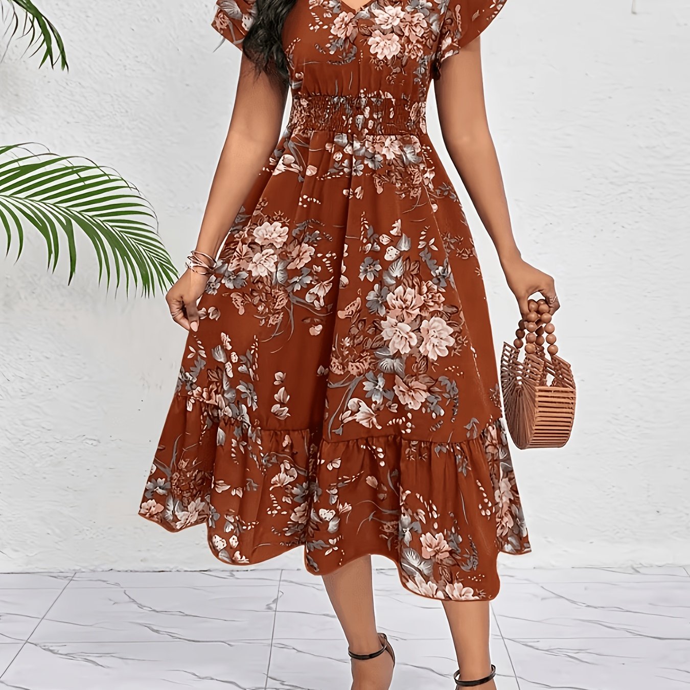 TEMU Summer New Women's Dress, Floral Pleated Hem Midi Dress, Casual Elegant Party Dress Suitable For , Birthday And Event Dress, Office Dress,