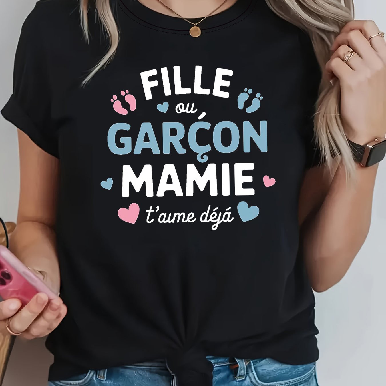 TEMU T-shirt à col rond pour femmes " vous aime déjà", imprimé cœur et de pied pour de française, haut décontracté pour annonce de grossesse