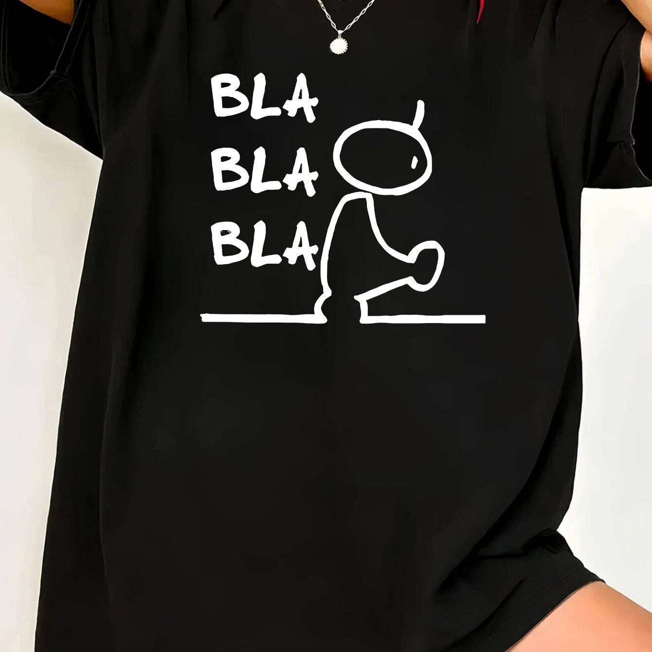 TEMU Plus Size, Women's Plus Size Oversized T-shirt 0xl-8xl Bla Letter Print Round Neck Short Sleeve Opaque Medium-stretch Fabric Suitable For Casual