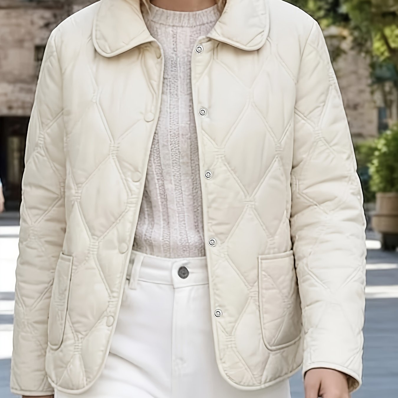 TEMU Spring/autumn Women's Outerwear, Doll Collar Rhombus Quilted Padded Coat, New Year Outfit And Year-end Style, Versatile Top For Daily Commuting