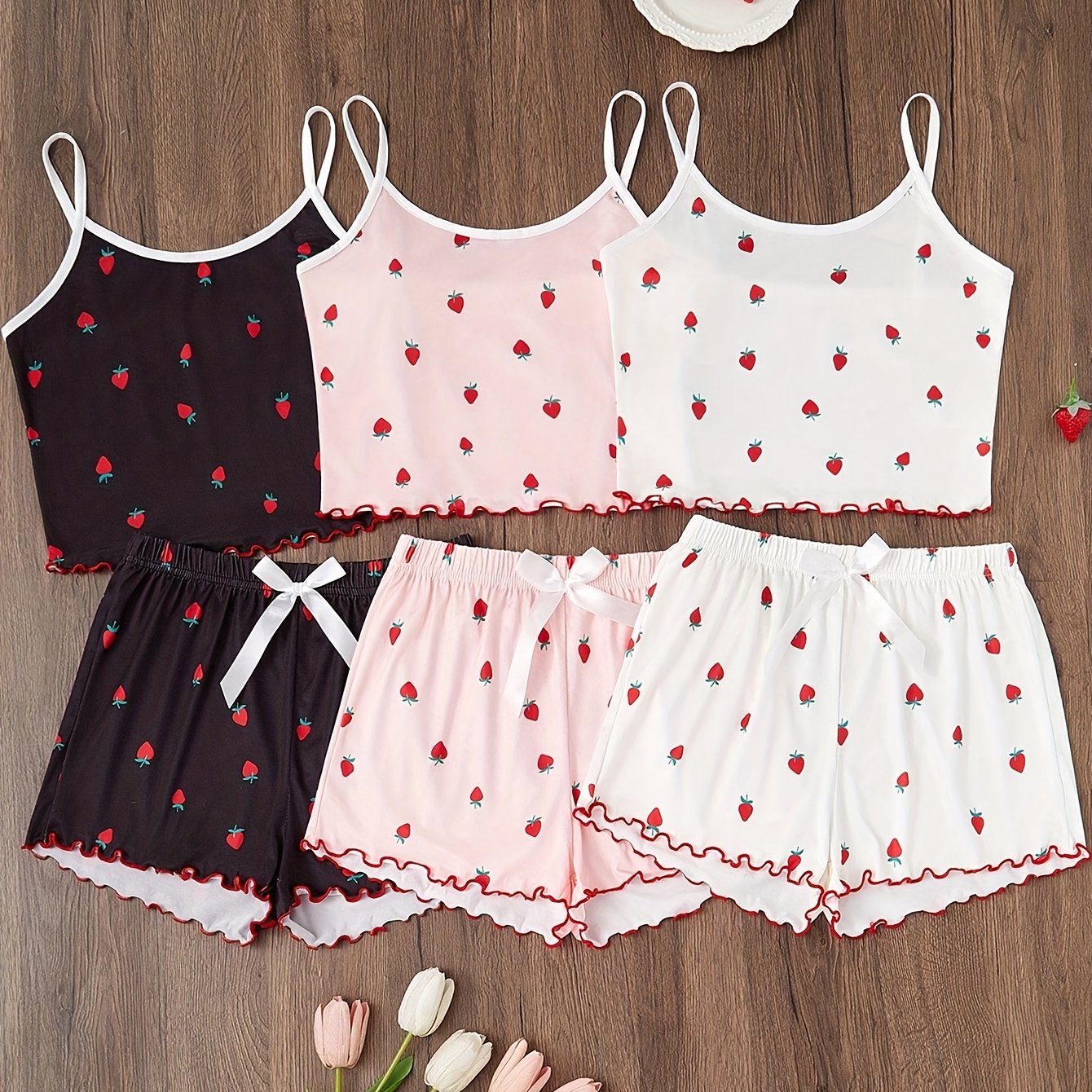 TEMU 3pcs Summer Women's Pajama Set With Strawberry Print Spaghetti Strap Tank Top And Ruffle Shorts