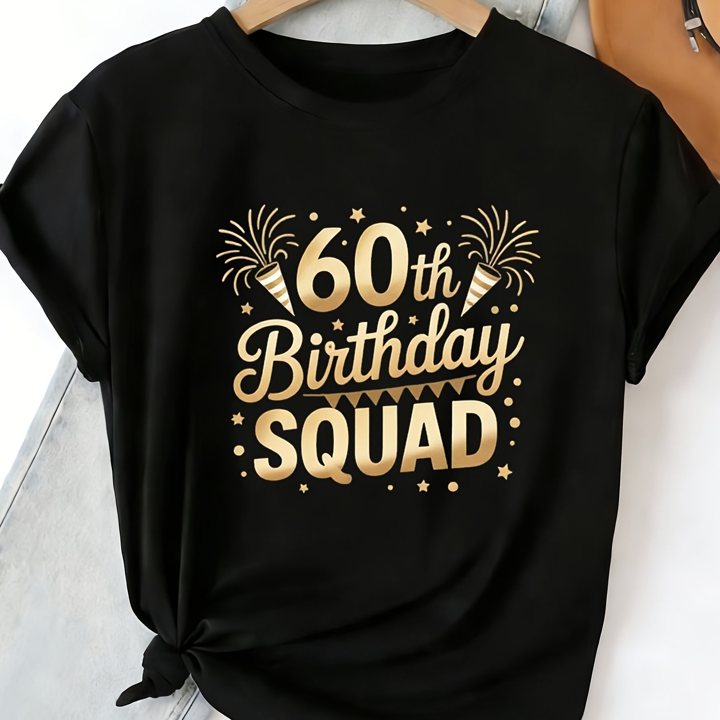 TEMU Women's 60th Birthday T-shirt - Vintage 60th Birthday Squad Letter Print & Number, Black Crew Neck Short Sleeve Top With Golden Suitable For