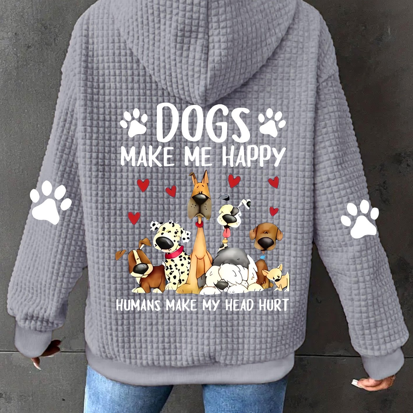 Dog Print, Women's Casual Waffle Zipper Hooded Sweatshirt With Drawstring - Polyester Fiber, Machine Washable, Geometric Pattern