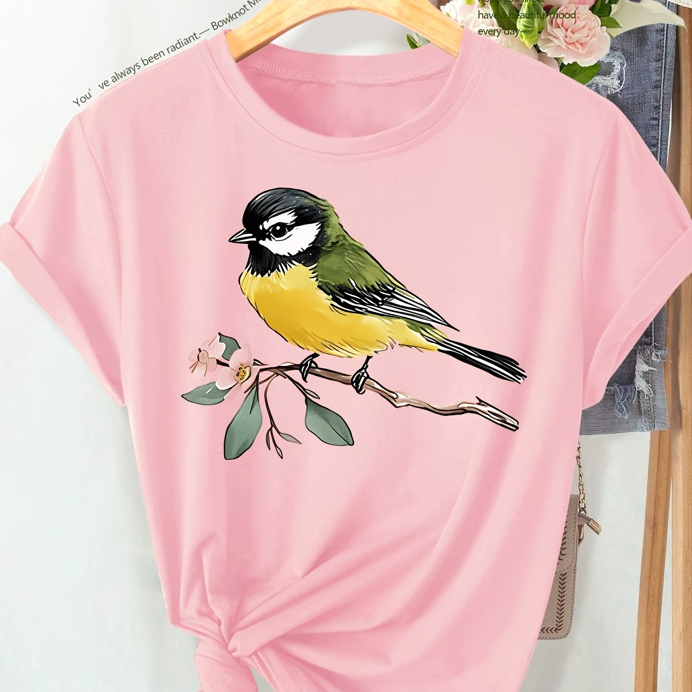 TEMU New Summer : Simple And Elegant Women's Clothing With A Tree- Titmouse Print, Artistic And Fresh, Featuring A Daily With A Vintage Fashion Vibe.