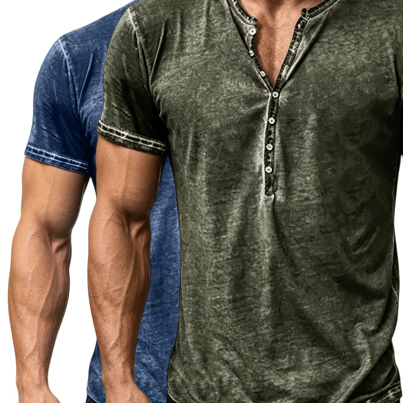 Image of 2pcs Washed V-neck Open Front Men's Fashion Casual Short Sleeve, Men's Casual Sport T-shirt For Outdoor Activities, Fitness, And Running - Sweat-absorbing And Breathable