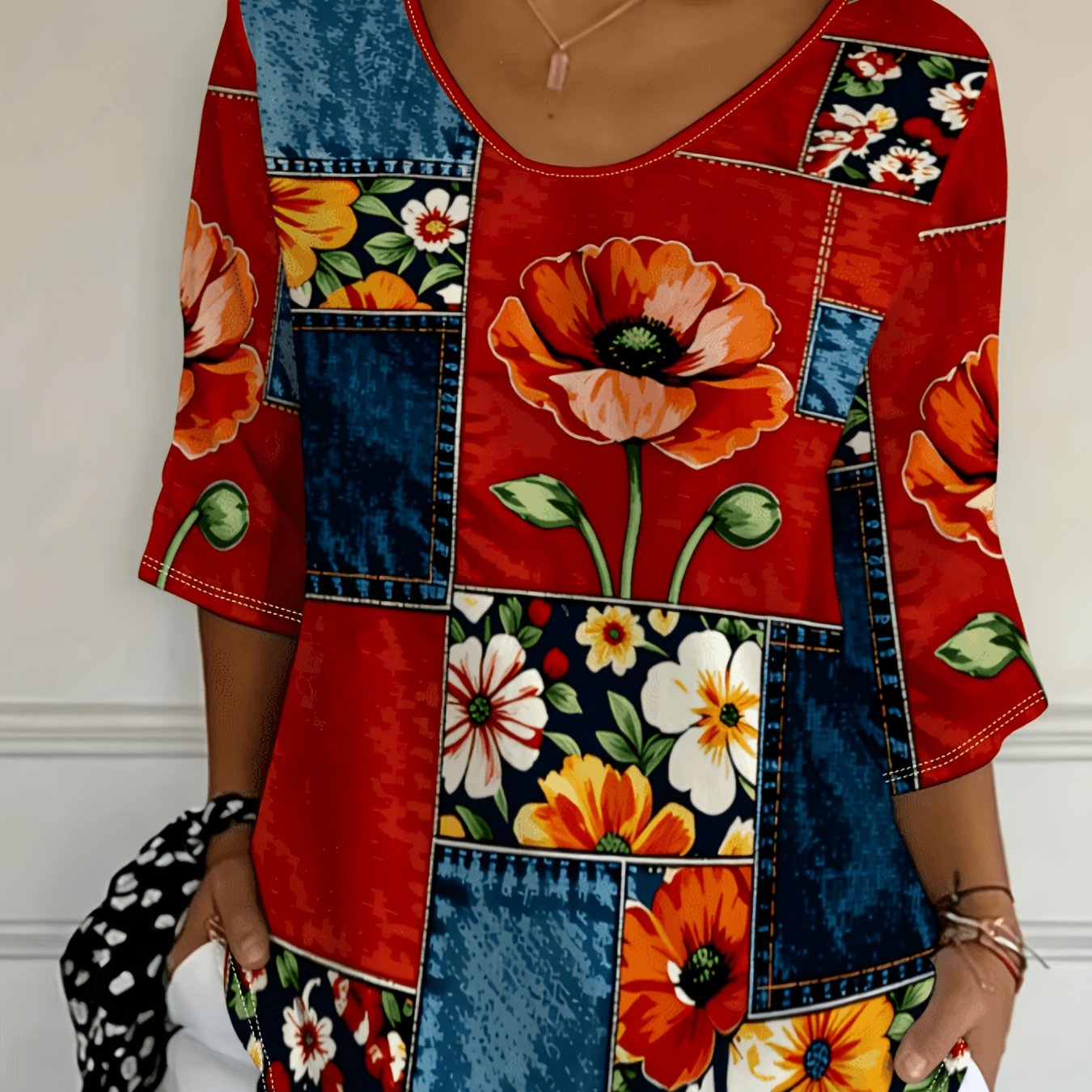 TEMU Plus Size, Plus-size Women's Floral Top, For Daily Casual Wear, Vintage Rustic Style, Decorative Appearance, Denim-like Texture