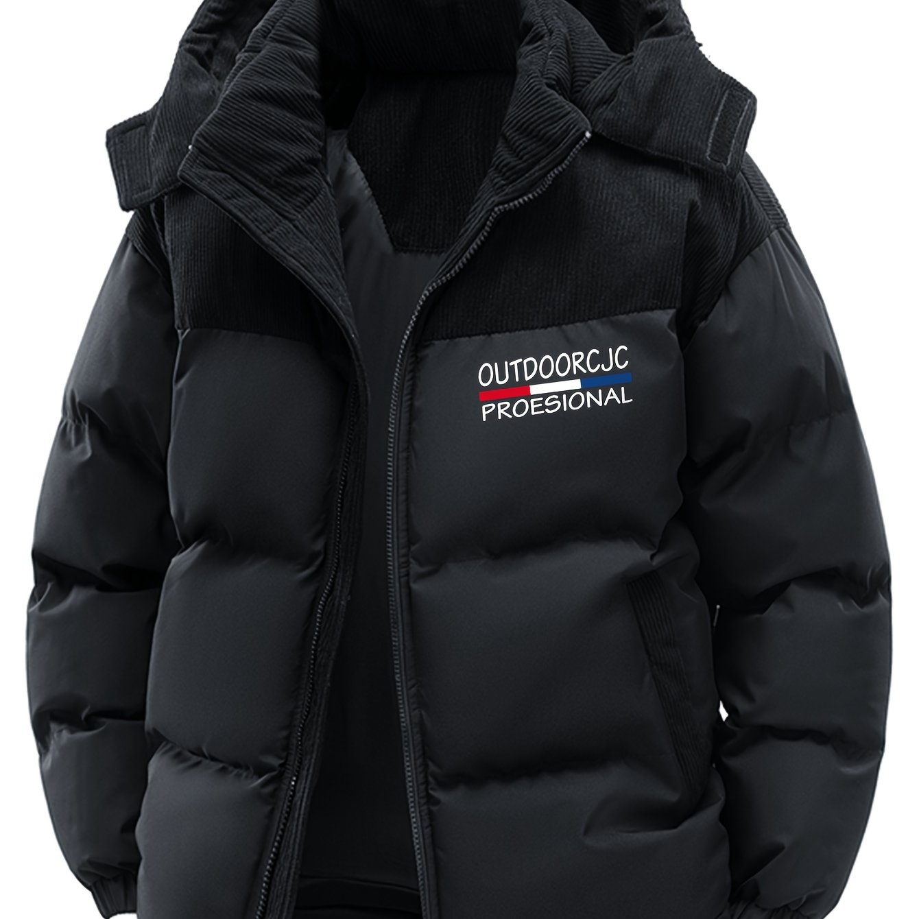 Men's Windproof Winter Jacket with Detachable Hood & Patchwork Design