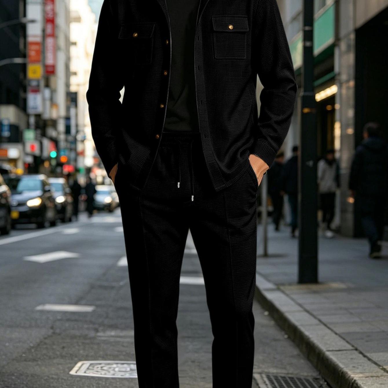 Men's Waffle Textured 2pcs Outfit, Collar Button Front Long Sleeve Shacket Jacket, Coordinated Casual Tracksuit For Business Fall Everyday Matching Set