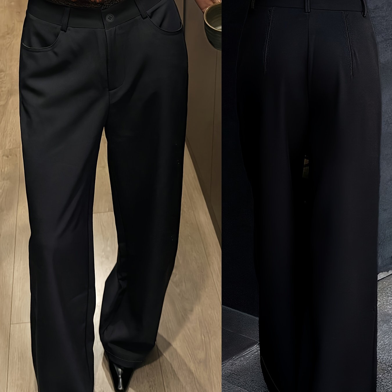 TEMU In Stock + Bk1204110 + New Elegant And Stylish High-waist Straight-leg Pants With Lace Waistband Trim For Women, Black Wide-leg Trousers + In