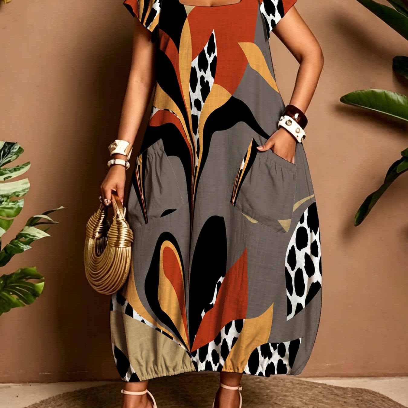 Plus Size Print Dress, Women' Neck Loose Midi Dress With Pockets, Abstract Floral Elegant Modern Artistic Style For Trendy Wear And Daily Casual Outfits