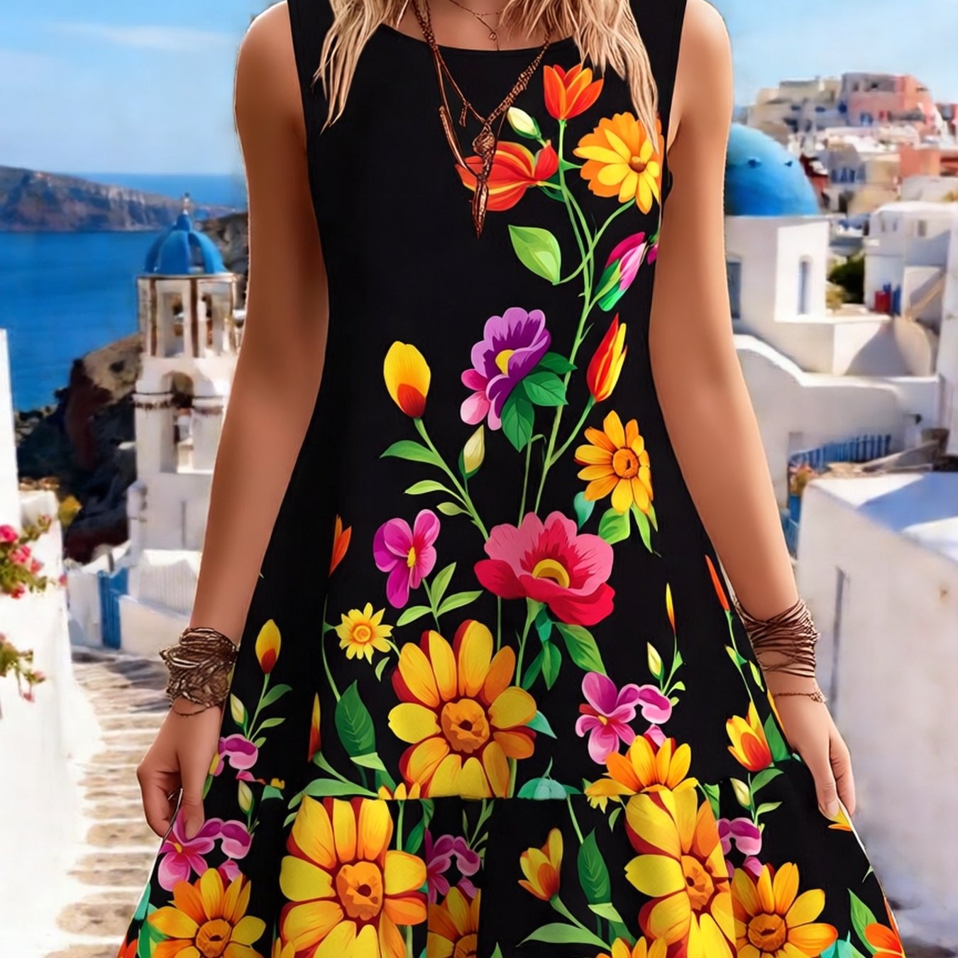 TEMU Women's Elegant Dress, Sleeveless, Vintage Style