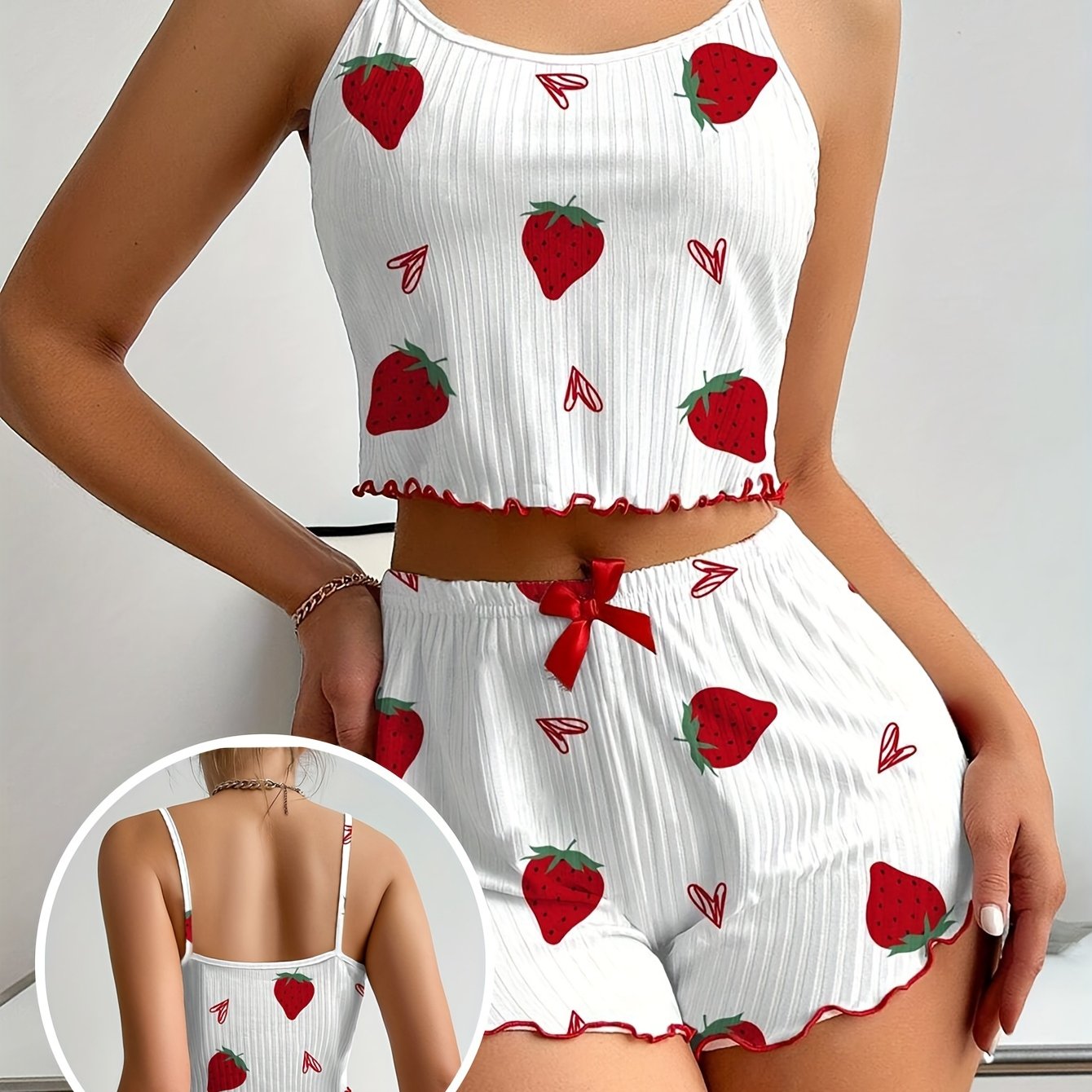 Women's Strawberry Print Sexy Ribbed Frill Trim Pajama Set, Round Neck Backless Crop Cami Top And Shorts, Comfortable Relaxed Fit, Summer Nightwear