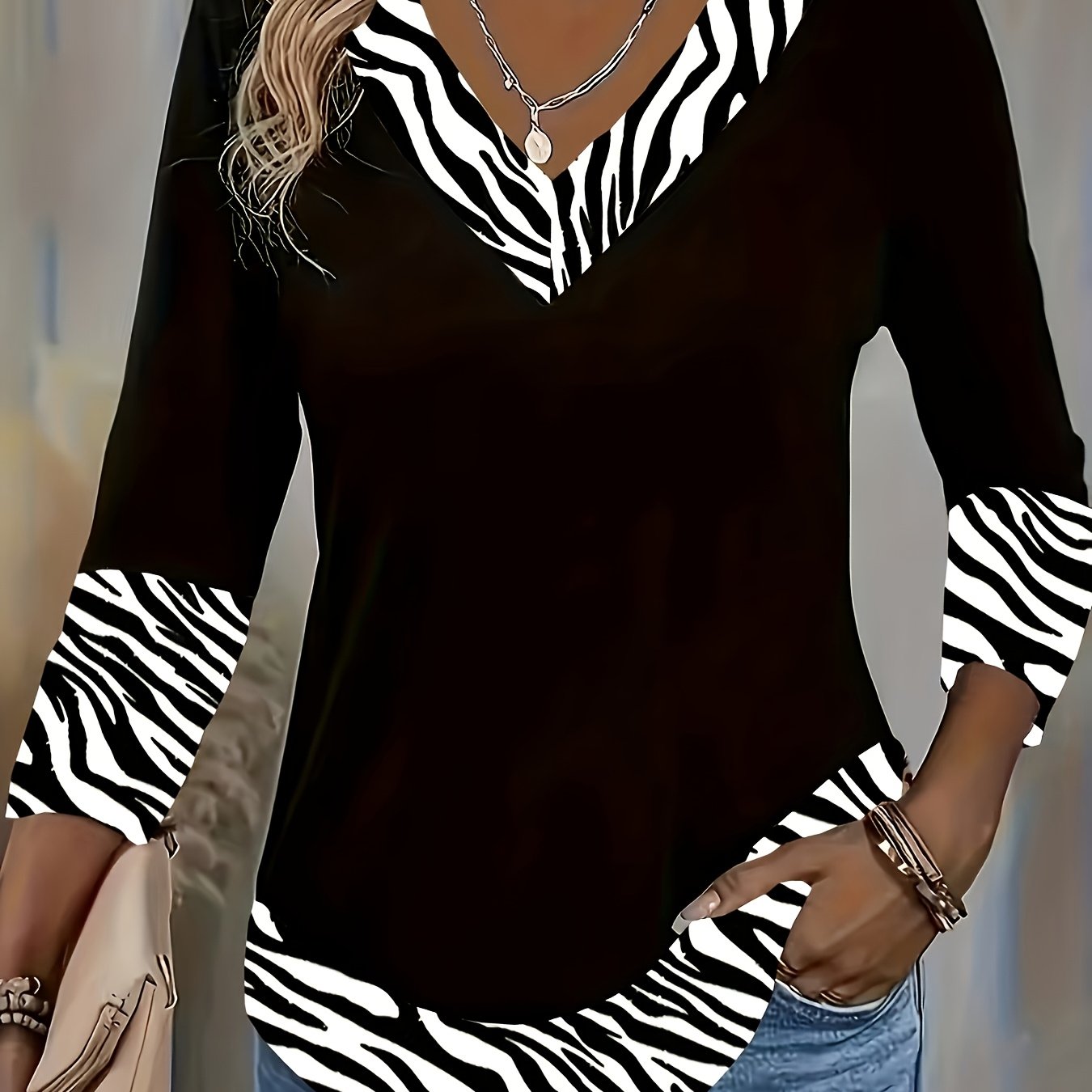 TEMU Women's V-neck Colorblock Striped Asymmetrical 3/4 Sleeve Blouse - Casual Elegant T-shirt Suitable For Spring/fall Daily Wear, Office &