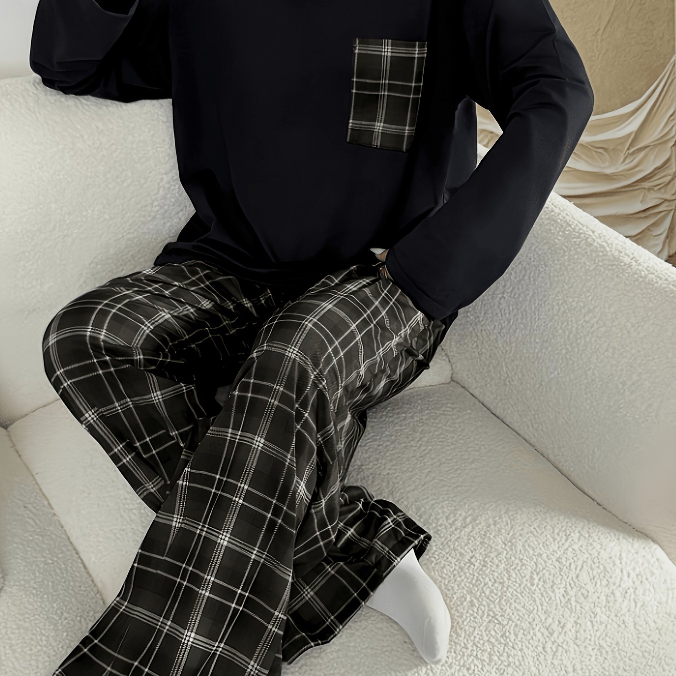 TEMU 2026 New Year Gift Women 2pcs Four-season Warm Pajamas, Minimal Solid Chest Pocket Crew Neck Top, Soft Elastic Waist Lounge Pants, Matching