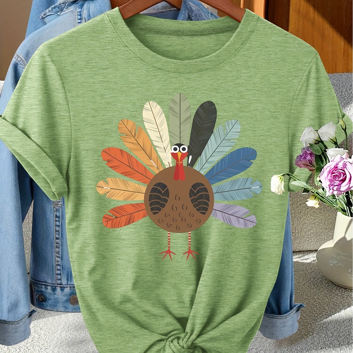 TEMU Plus Size, "thanksgiving" Women's Elegant Style Colorful Little Turkey Print Pattern Round Neck T-shirt For Spring, Summer, And Autumn.