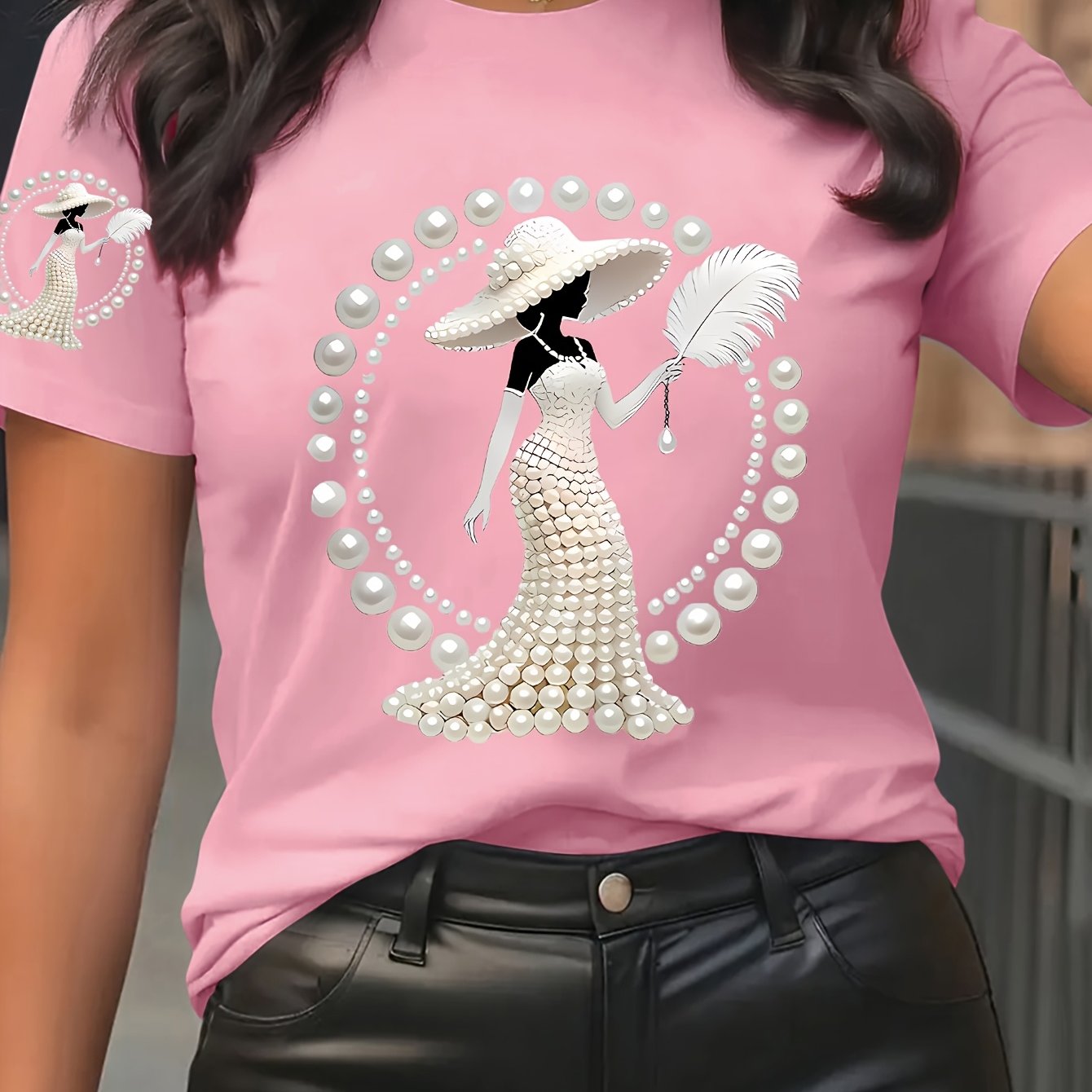 TEMU Double Print Pattern - Elegant And Fashionable - Women's Round Neck Pullover T-shirt, Casual Athletic Short Sleeve, S-xxl
