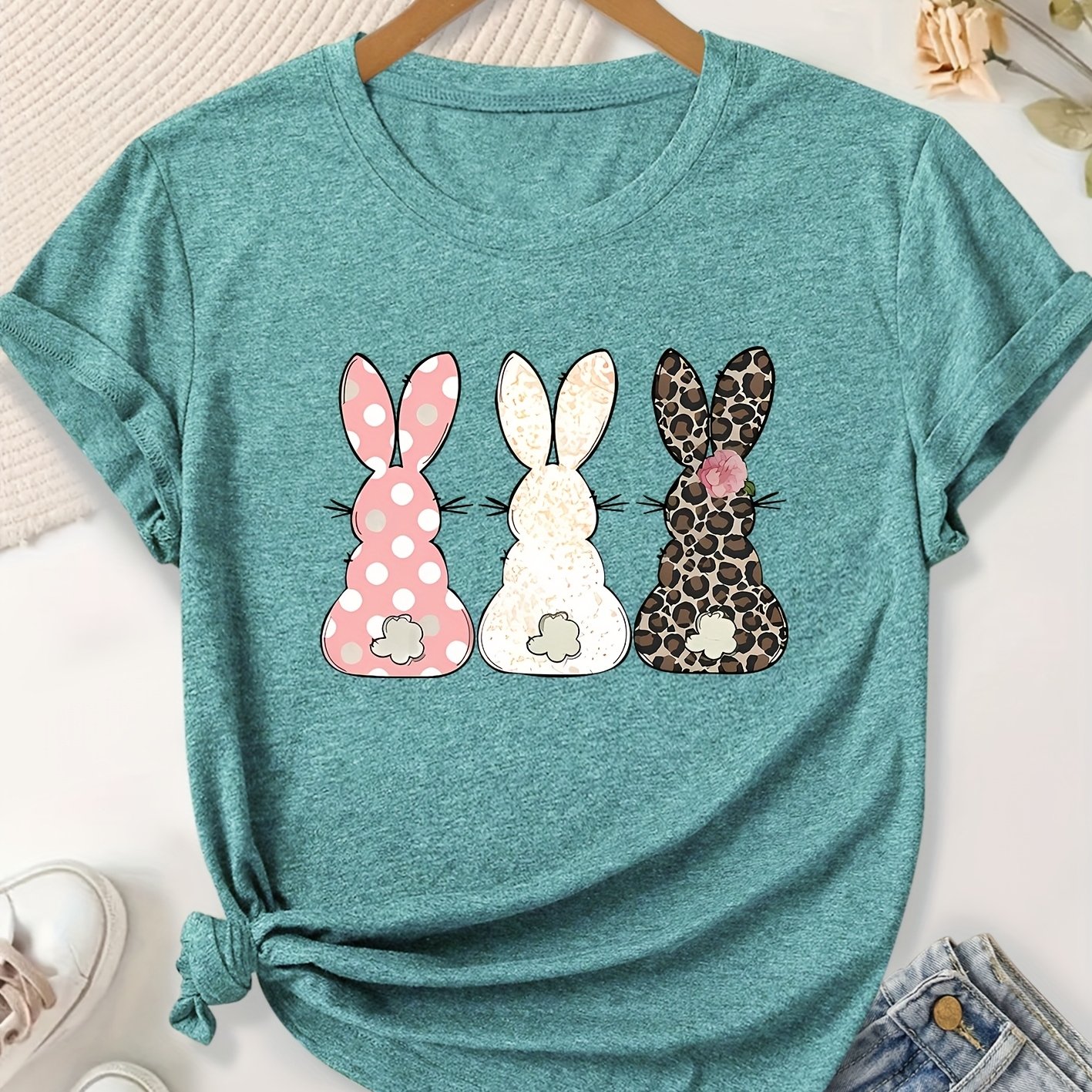 TEMU Women's Casual Cute Leopard Print Colorful Bunny Ears Series English Letter Gift Print Round Neck Short Sleeve T-shirt For Spring, Summer, Autumn, And Winter