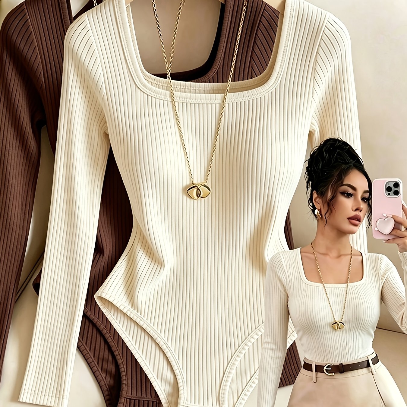 TEMU 2pcs Women's Bodysuit Top, Solid Ribbed Fabric, Long Sleeve With Large Round Neck, Elegant Style Base Layer