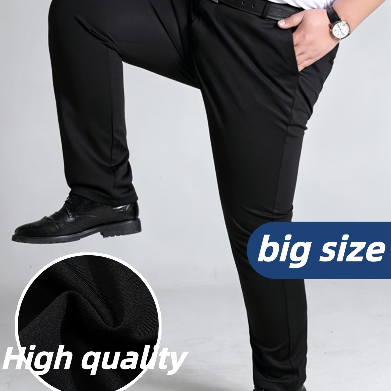 TEMU Plus Size Men's Business Casual Trousers, Plus Size Dress Pants, Stretch Fabric, High Density, Suitable For Daily Casual Office Wear