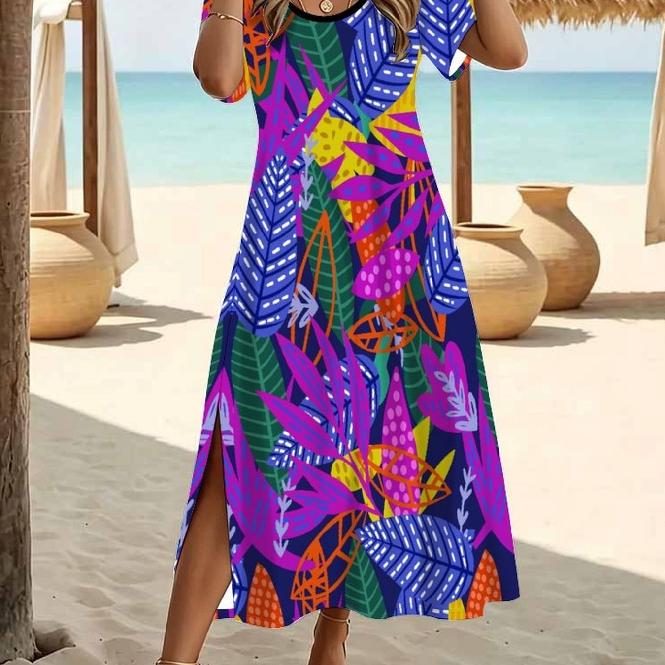 Plus Size, Plus Size Women's Summer Fashion Dress, Casual With Tiny Botanical Floral Print, Crew Neck Short Sleeve Split Hem Elegant Dress.