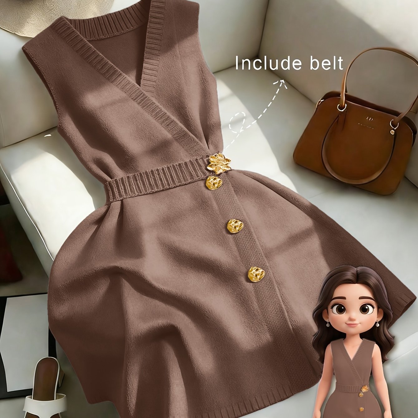 TEMU Women's Casual Elegant Spring And Summer Solid Color V-neck Sleeveless Slim-fit Dress With Metal Button Waist Belt Design And Cross Mid-length
