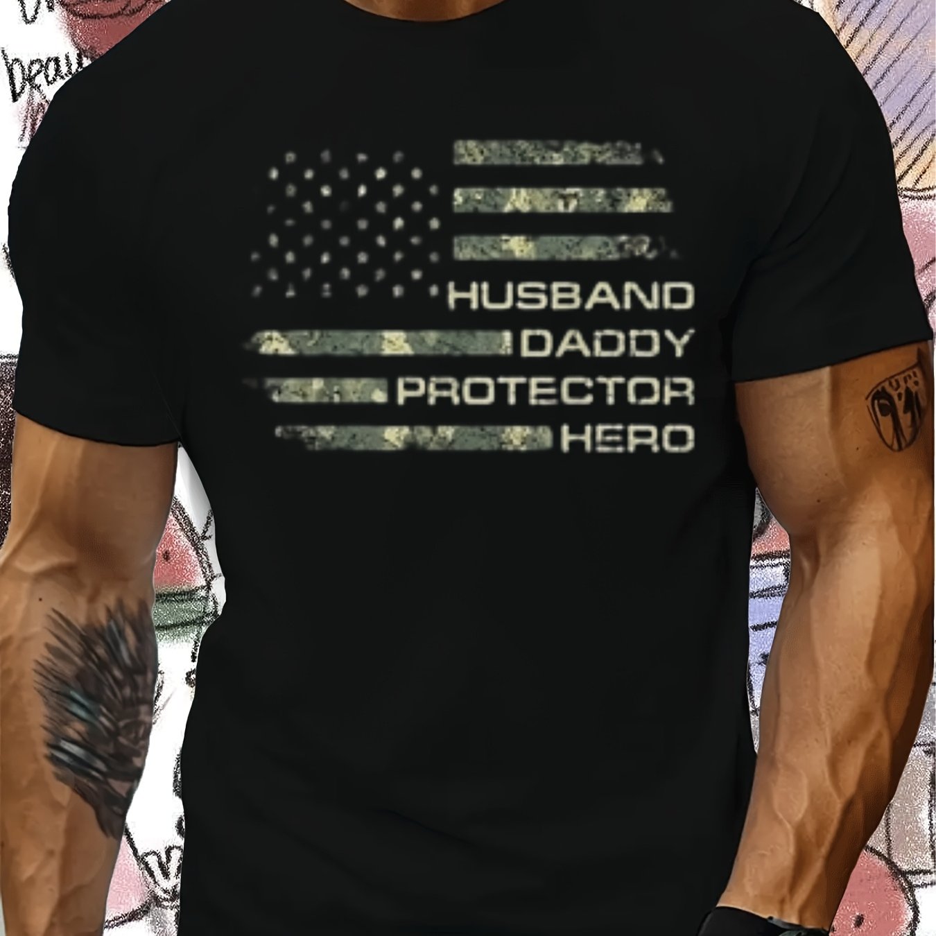 TEMU Men's Husband Daddy Protector Hero T-shirt - Camo Flag & Family Slogan Print (husband Daddy Protector Hero) - Fit Casual Short Sleeve Shirt For