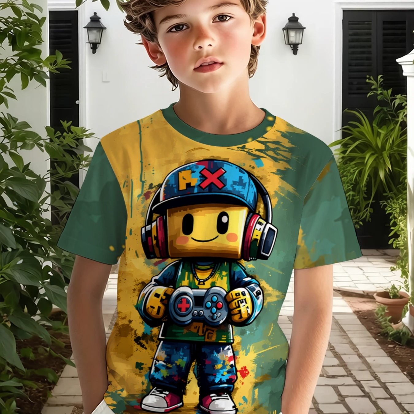 TEMU 1 Boys' Outdoor Casual Sports Round Neck Short Sleeve T-shirt, Trendy Character Pattern Printed T-shirt, Comfortable And Breathable Fabric,
