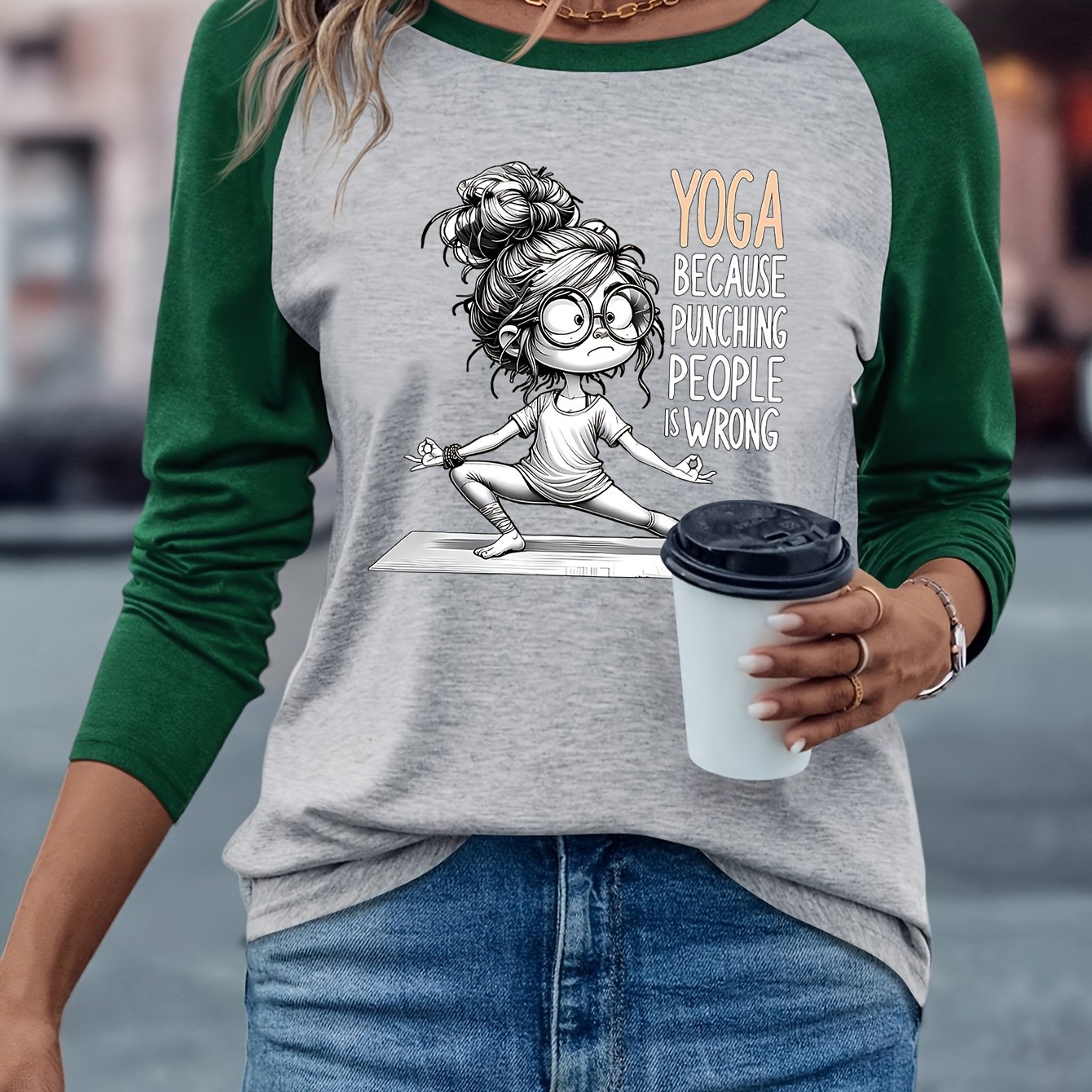 TEMU Cartoon Print European And American Women's Spring/summer Top, Daily Versatile Simple Comfortable Casual Contrast Color Round Neck Raglan Long