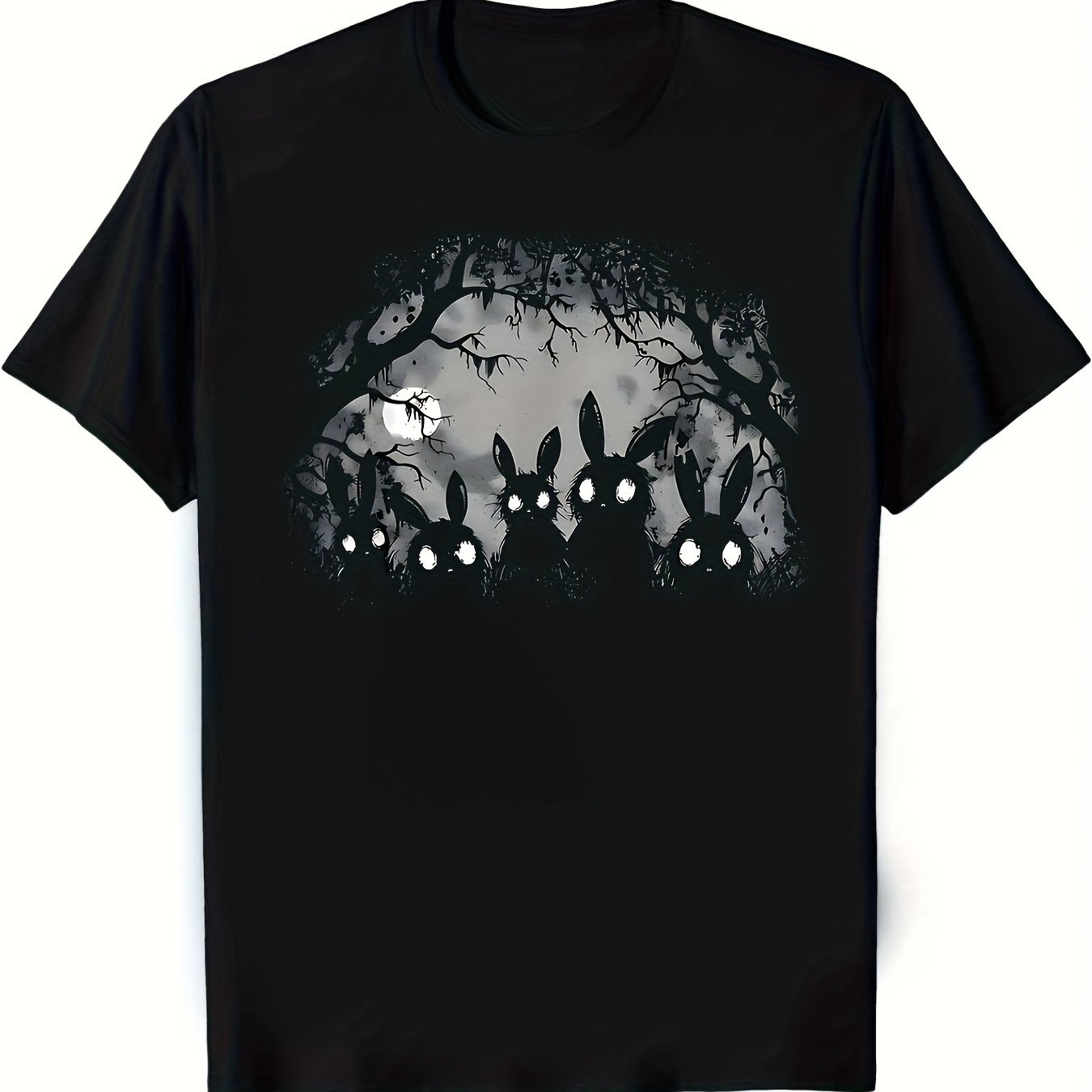 Image of Plus Size Men's T-shirt Made Of 100% Featuring A Spooky Rabbit And A Forest Design- Gothic Horror Style, Slim Fit, Machine Washable, Stretchy Fabric For (black And White), Plus Size