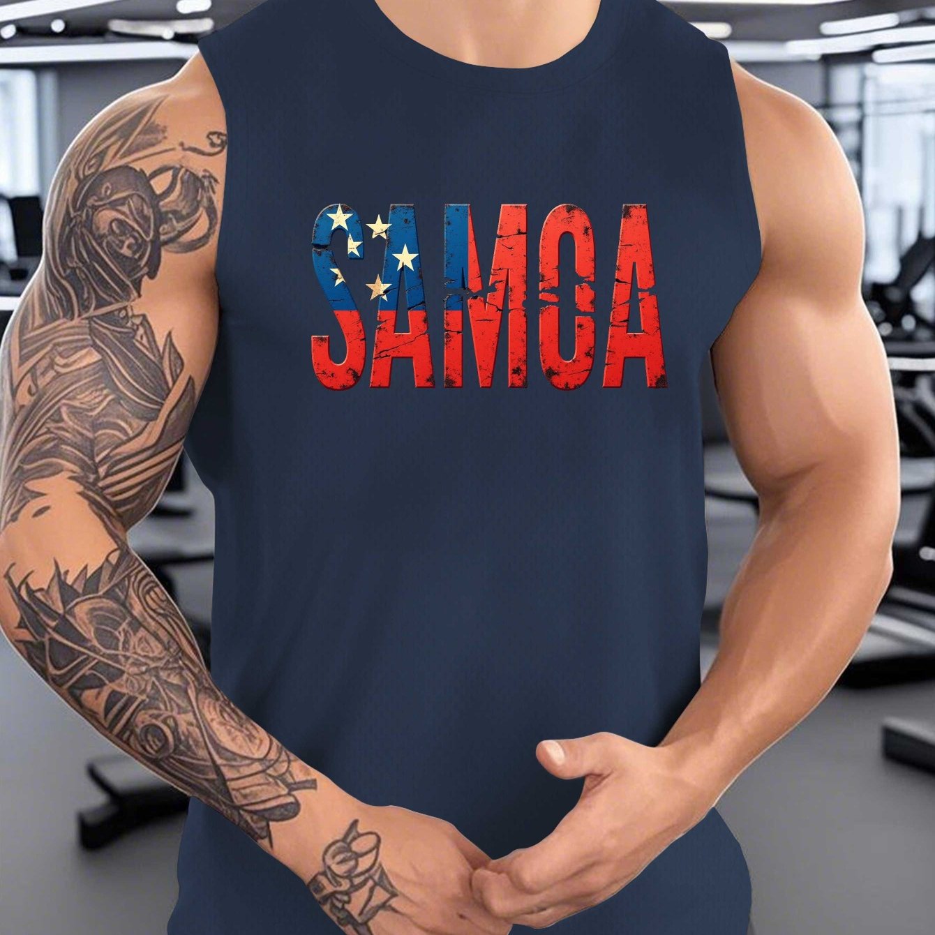 TEMU Men' Flag Vest - Distressed With National Colors (, & Samoan ) - Summer Casual & Beachwear, Machine Washable Samoa-themed Apparel For S