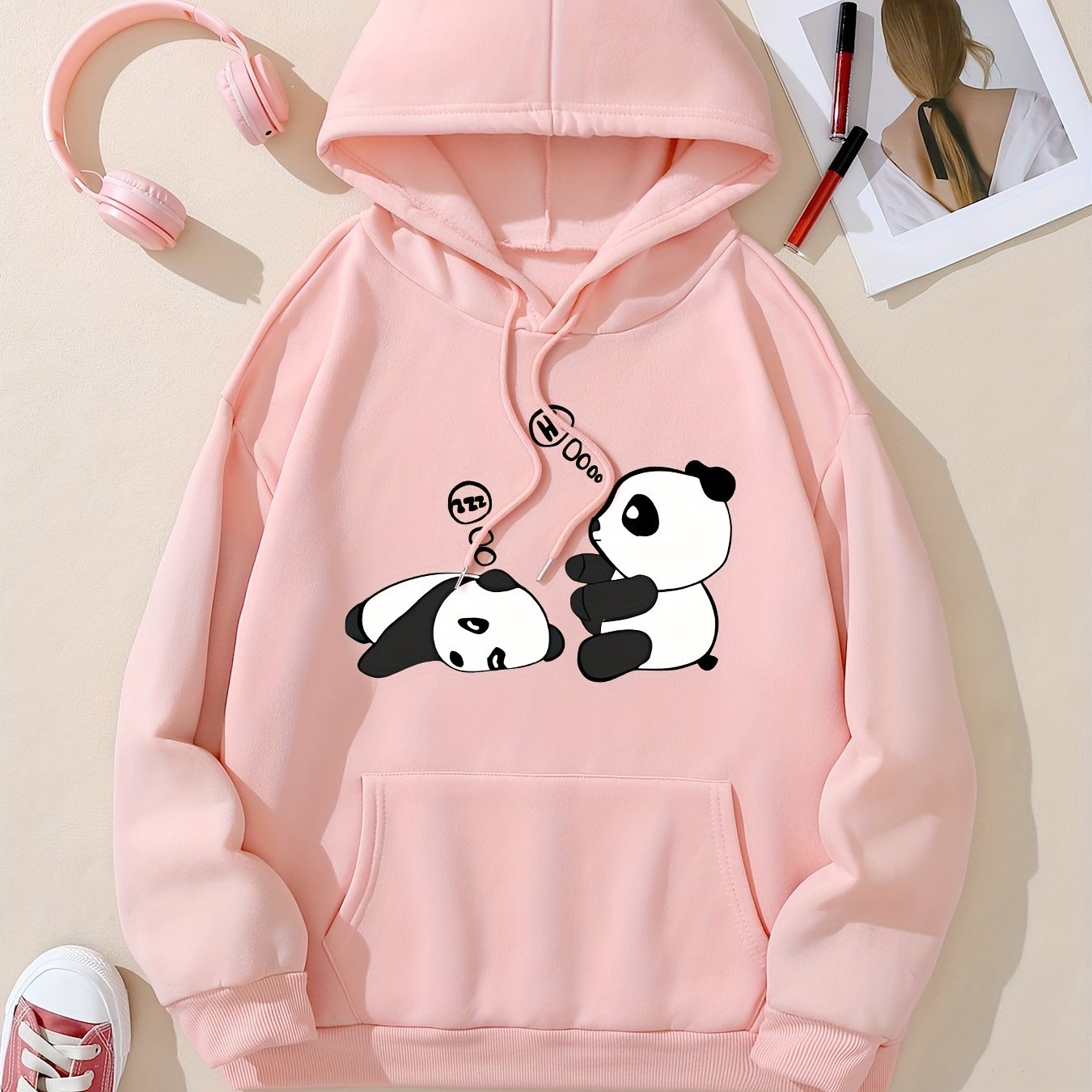 TEMU Sleeping Panda Graphic Print Hoodie, Drawstring Casual Hooded Sweatshirt For Winter & Fall, Women's Clothing