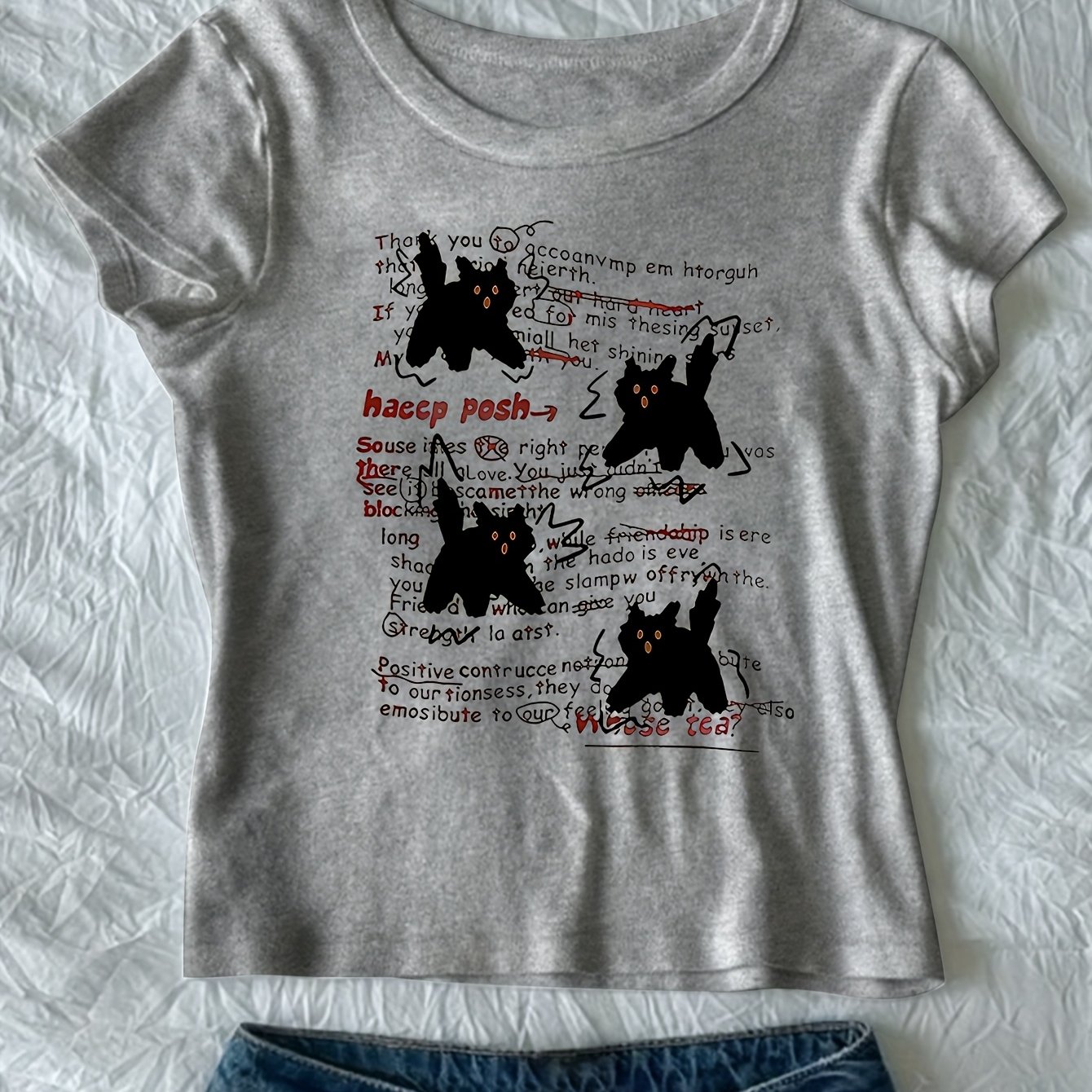 TEMU 00008- Women's Slim- With Screaming Cat, English Letters, Draft Notes Print, Niche Design, European And , Summer Short Sleeve - Wzh498