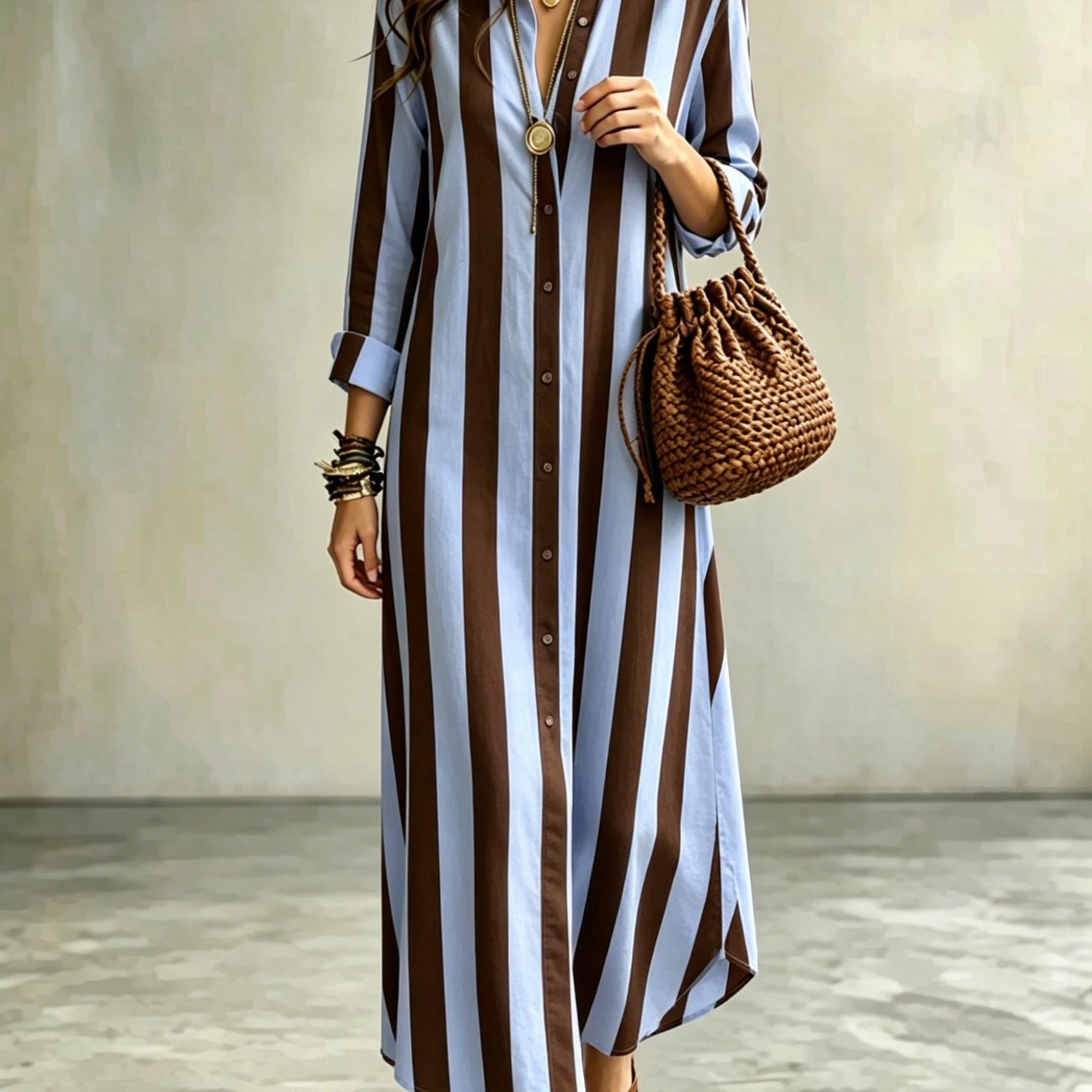 Women Summer Dress, Light Blue Brown Wide Vertical Stripe Color Block Print Lapel Long Sleeve Shirt Maxi Dress, Beach Casual Vacation Long Dress