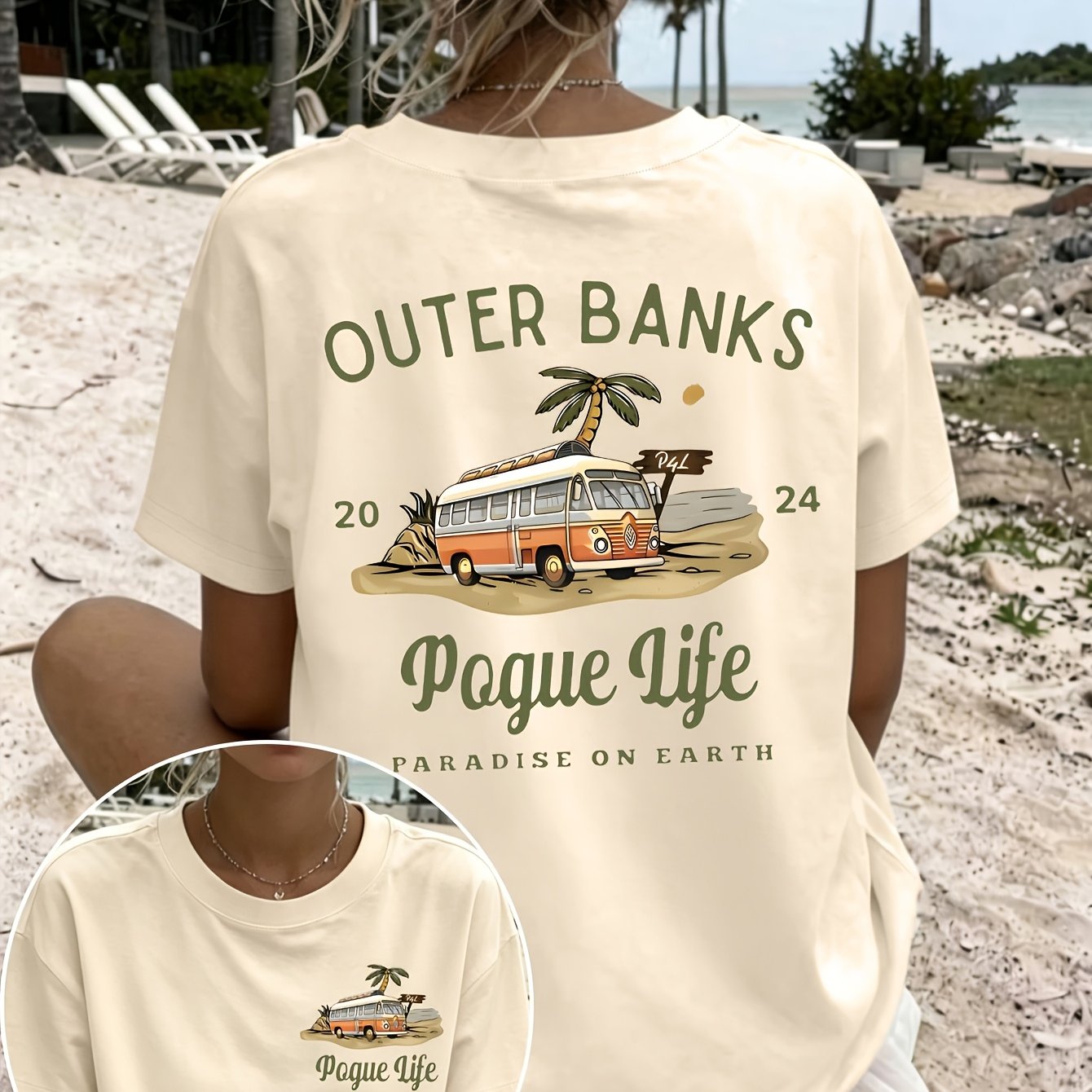 TEMU 2026 Spring/summer New Women's Round Neck Camping Tree Print Fashion Short Sleeve Summer T-shirt, Beach Casual T-shirt, Double-sided Print