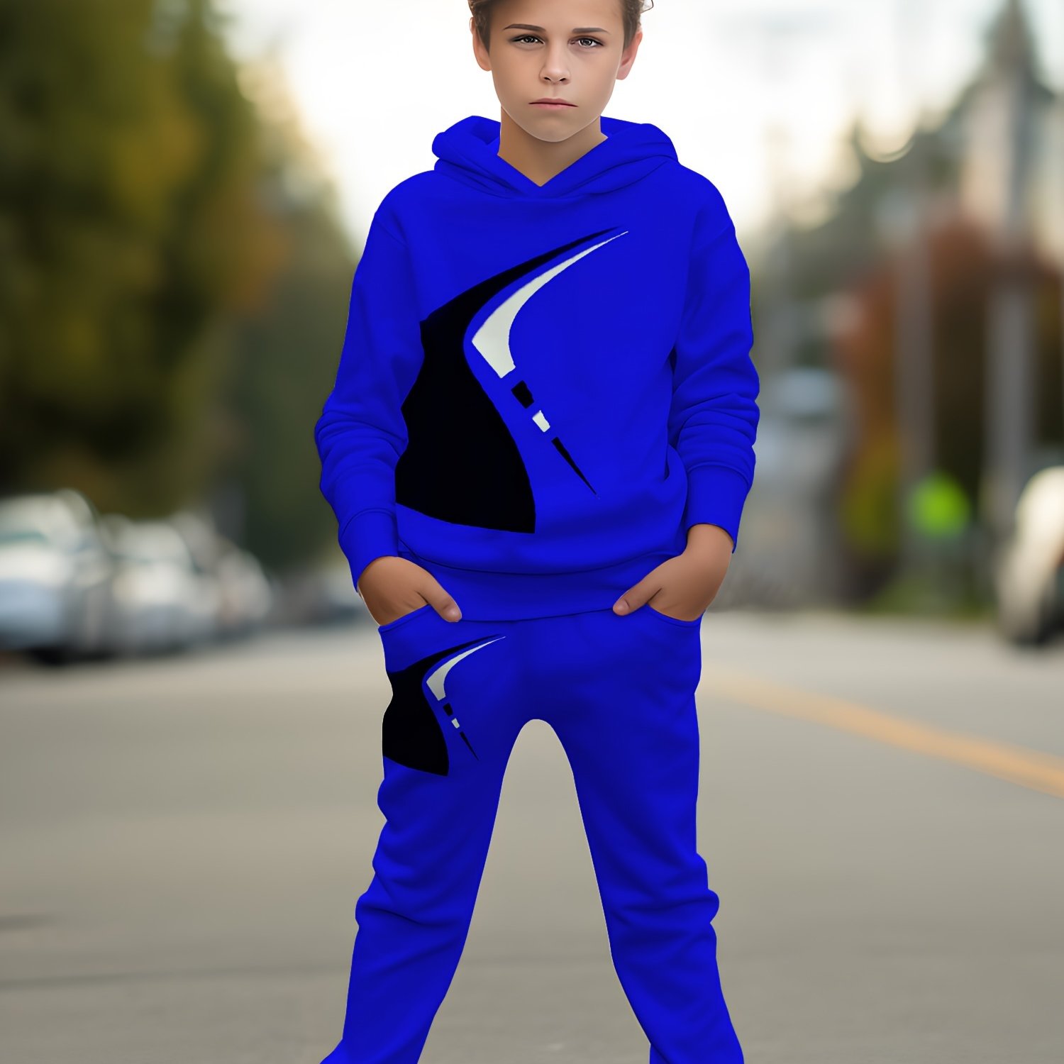 Boys' Print Hooded Sweatshirt And Joggers Set, Flame Gift Set, Perfect For Outdoor