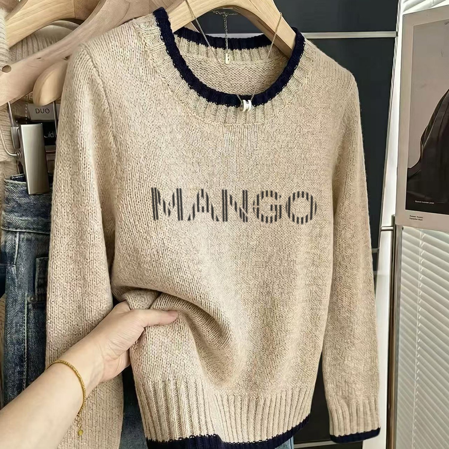TEMU Women's Vintage Floral Sweater, Contrast Round Neck Short Length Waist-cinching Long Sleeve Soft Casual Pullover