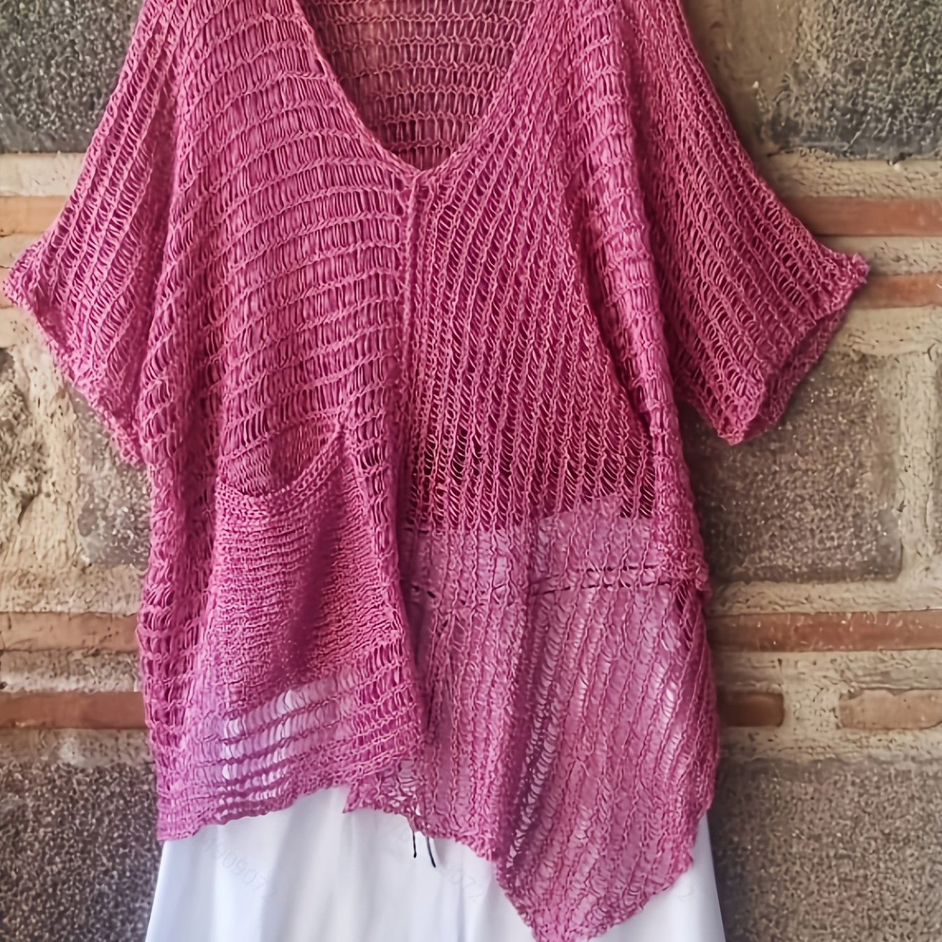 TEMU Crochet Lace Short-sleeve Top, Loose-fitting And Breathable Outer Layer That Conceals , Casual Lazy Style With , Thin-cut Top Zllz