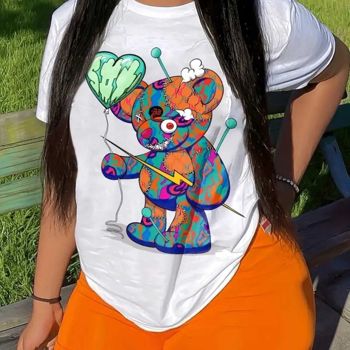 TEMU Women's Anime Bear Graphic Cotton T-shirt - Loose Fit Short Sleeve Round Neck Tee With Vibrant Cartoon Print, Breathable Summer Casual Top For & Parties, Design |