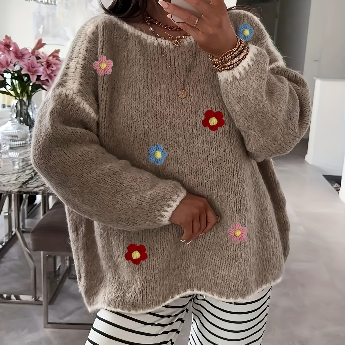 Plus Size - Plus Size - New Autumn And Winter Pullover Long-sleeve Casual Sweater, Loose And Comfortable, Versatile With Hand-crocheted Floral Chunky