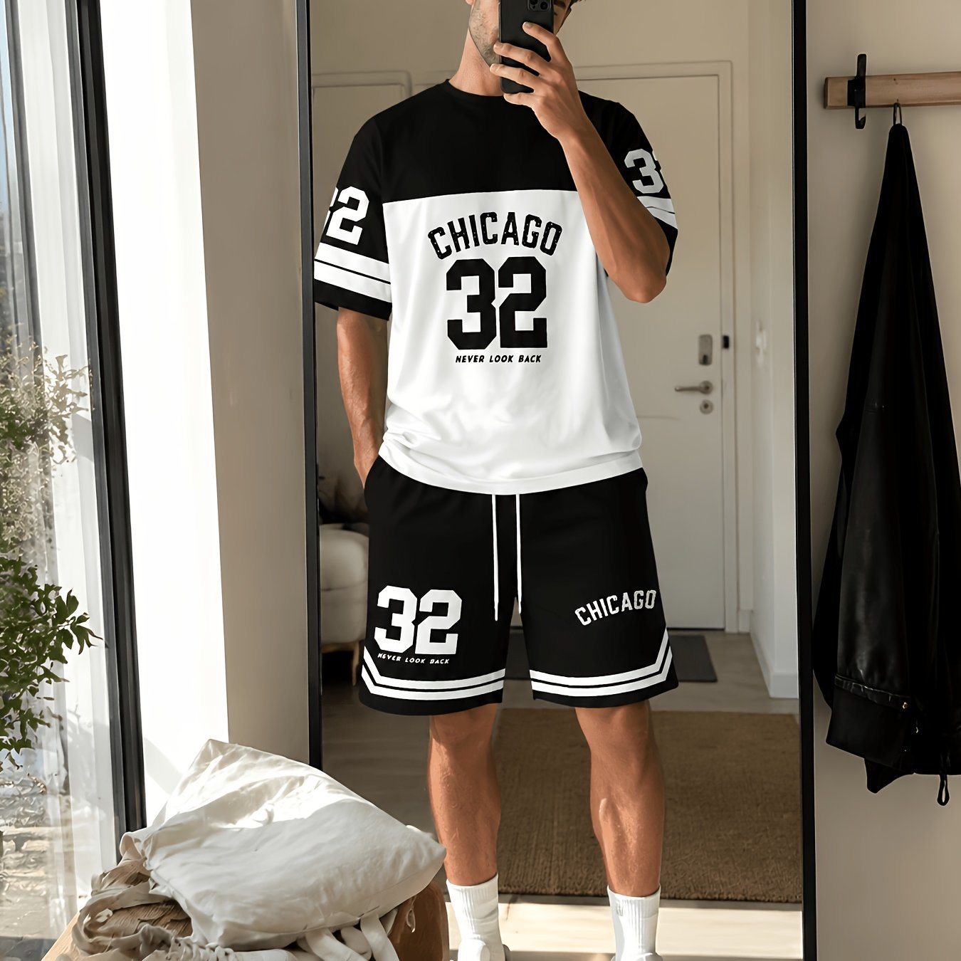 Image of Men's Casual T-shirt, Crew Neck Short Sleeve And Shorts Set, With "32" Number Pattern, Breathable Regular Fit For Daily And Formal Wear